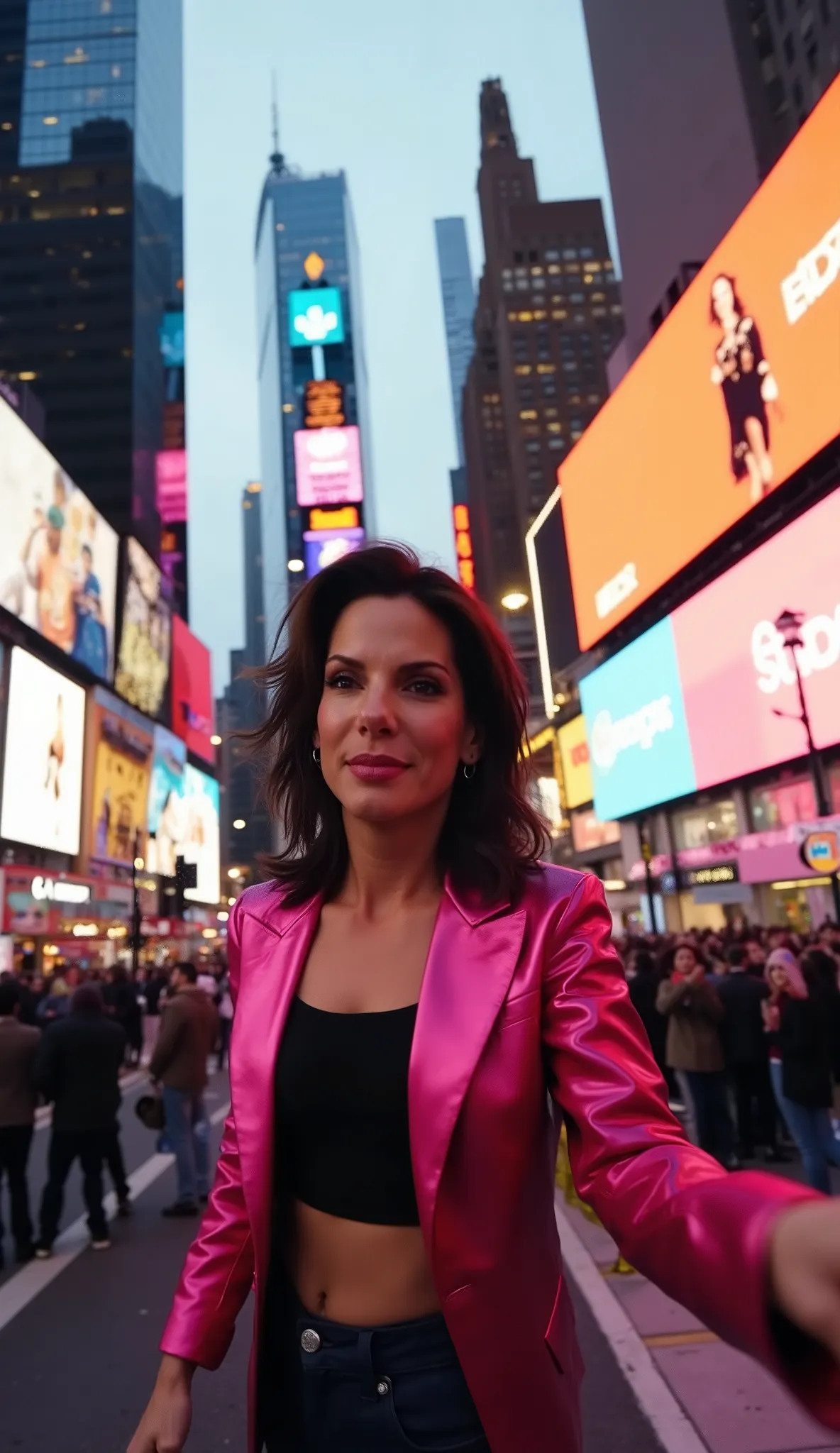 Nova York, EUA – Sandra Bullock com blazer estiloso na Times Square
A woman walks confidently through Times Square at night, dressed in a metallic pink cropped blazer over a black top. POV selfie footage in vertical format shows giant LED screens, traffic,...
