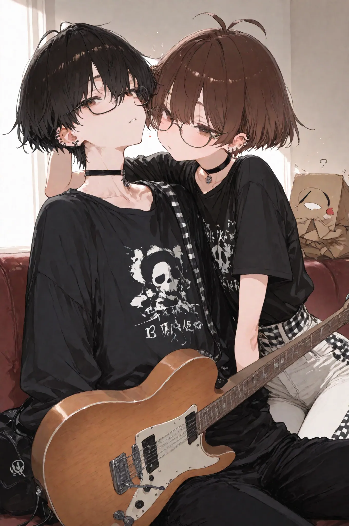 2Boys、Friend、A has brown hair、A has brown eyes、A has short hair、A has lots of piercings in their ears、A has black gingham check clothes、A plays a guitar、B is a black choker、A is a black choker、A has black pants。B has black hair、Bはfrizzy hair、B has black gl...