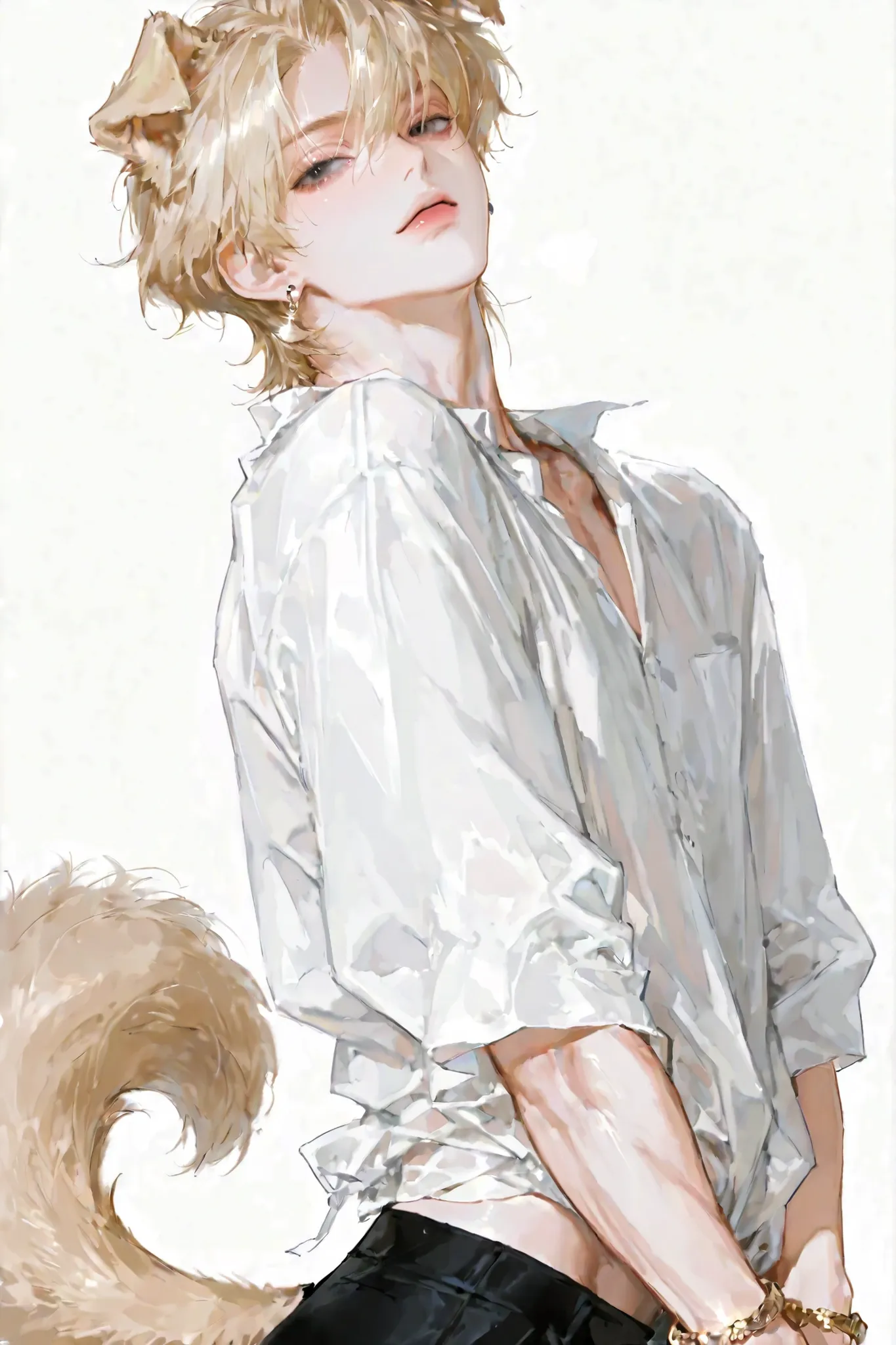 male, blond hair, black eyes, high quality, top quality, masterpiece, handsome, short hair, seductive, solo, muscle, sexy, glossy skin, looking at the viewer,  shirt, earrings, bracelet, dog ears, dog tail , Side view , white background