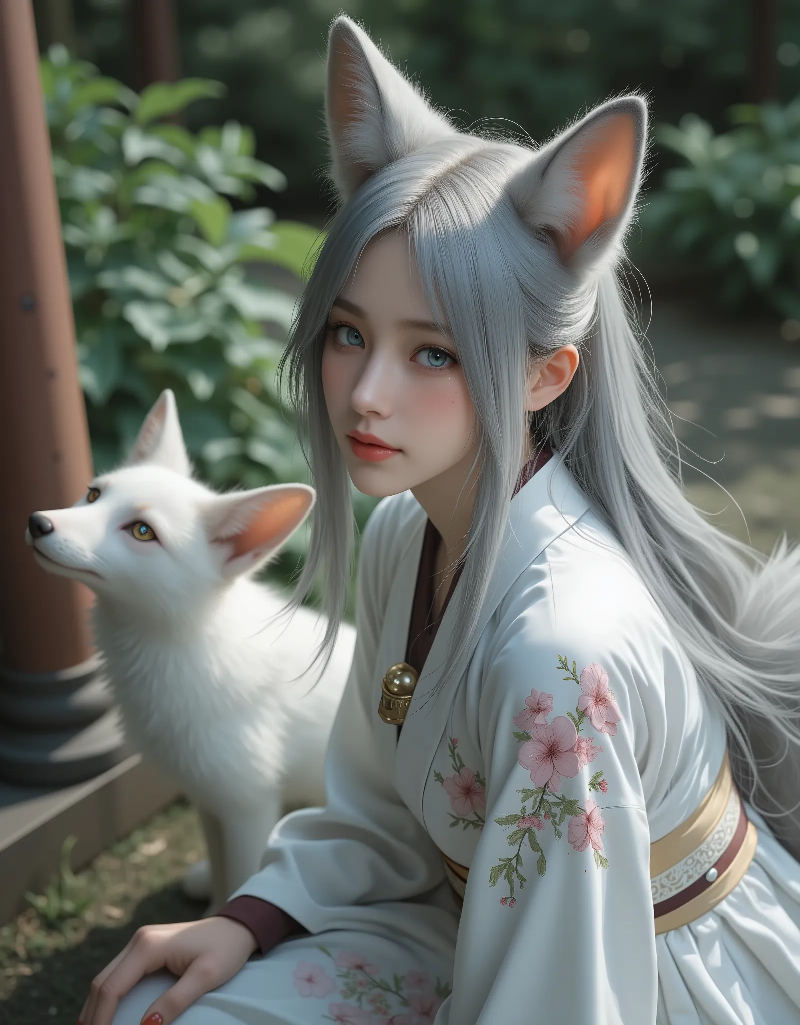 High angle shot, side,Hide in the ancient shrine、Hair flows、 ((highest quality、masterpiece、8k、best image quality、ultra high resolution、Award-winning work)、(accurate anatomy:1.1)、(look at me and smile:1.1)、Shining fair skin with ultra high resolution、most d...