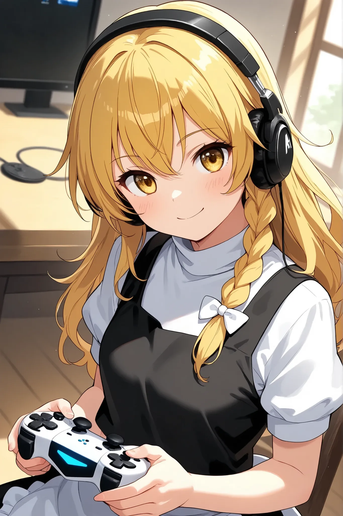 (Quality, 4k, A High Resolution, Masterpiece), Marisa Kirisame, smile, blonde hair, long hair, side braid, golden eyes, headphones, holding a video games controller 