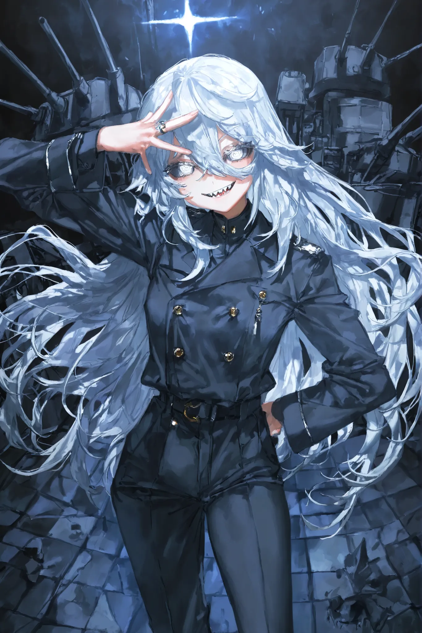 1girl, solo, mahito,quasarcake,tsukko (3ki2ne10), female, commander outfit, cerulean and dark blue theme, white hair, long hair, straight hair, from above, checkerboard pattern, hair between eyes, slightly long hair, white eyes, ring eyes, zoomed in, sharp...