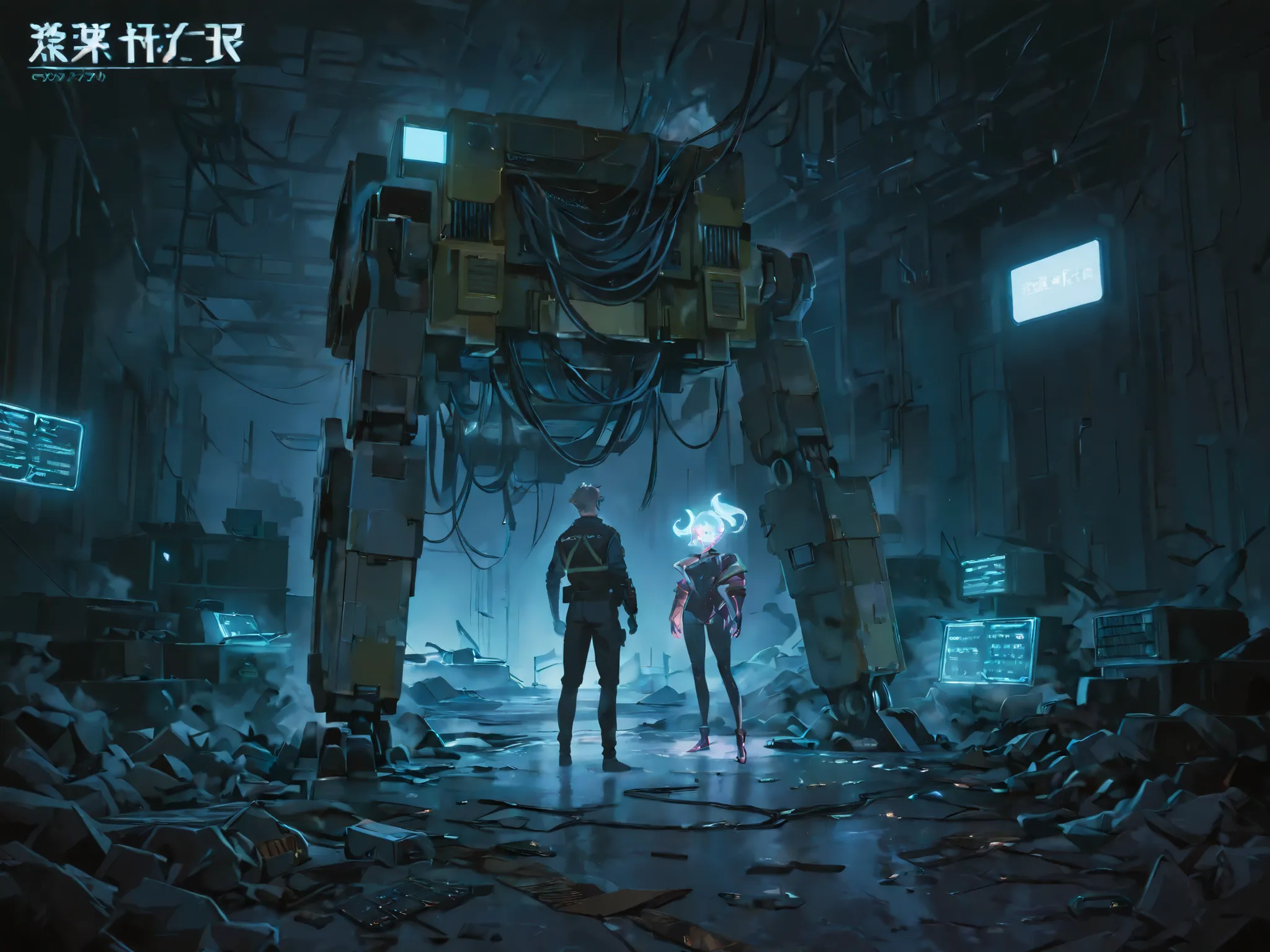 A futuristic electronic waste manager standing in the middle of a massive scrapyard filled with discarded computers, circuit boards, wires, and glowing broken screens. The manager wears a rugged high-tech uniform patched together with old tech parts, a rob...