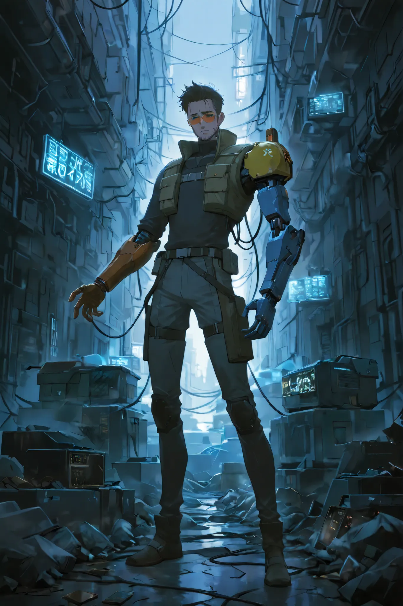 A futuristic electronic waste manager standing in the middle of a massive scrapyard filled with discarded computers, circuit boards, wires, and glowing broken screens. The manager wears a rugged high-tech uniform patched together with old tech parts, a rob...