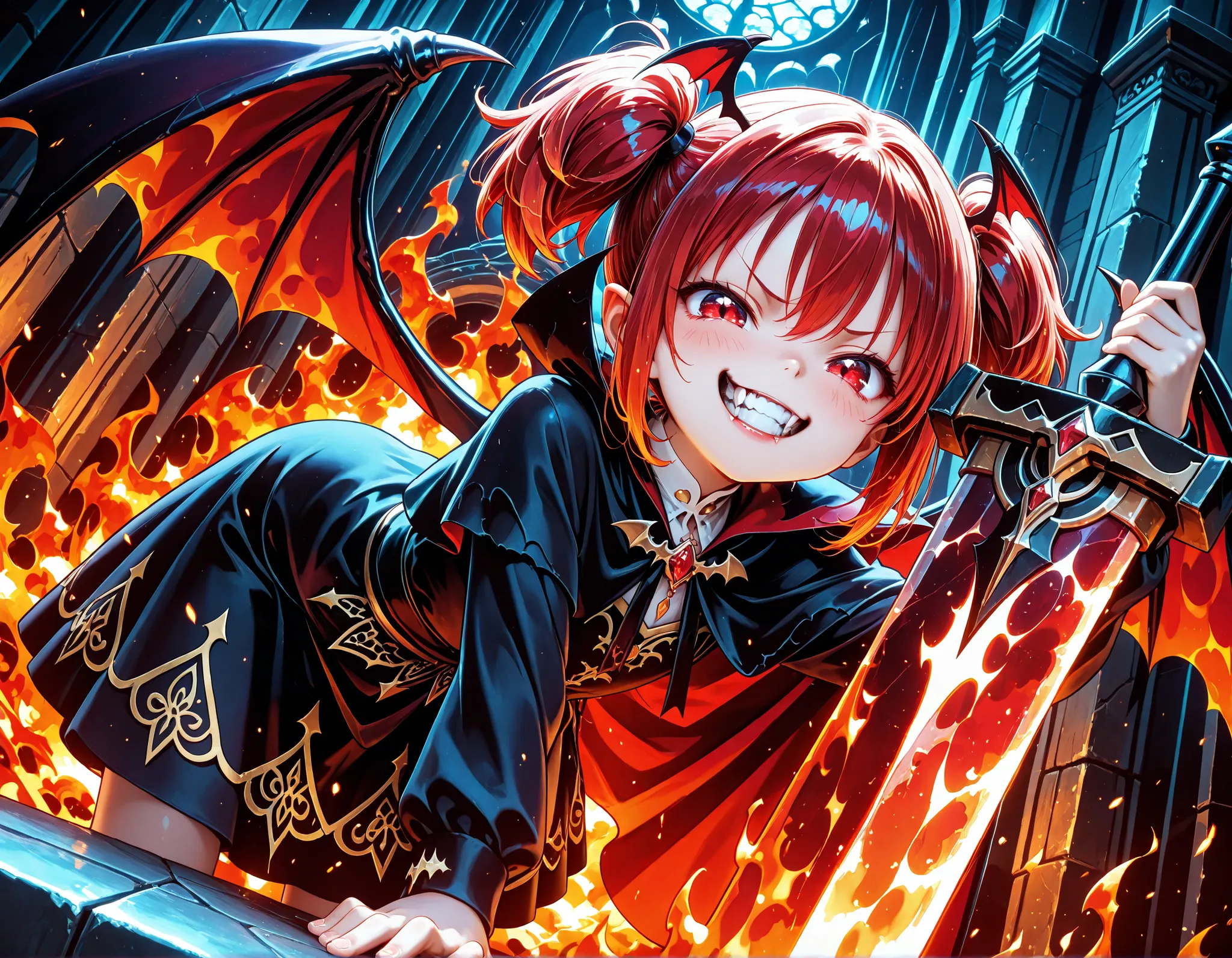 Very High resolution,cute anime-style,masterpiece,best quality,amazing quality,hyper-detailed,very aesthetic,Dutch angle,An altar of flames,A geyser of magma,A vampire girl holding a large sword above her head,A huge greatsword covered in flames,mesugaki,(...