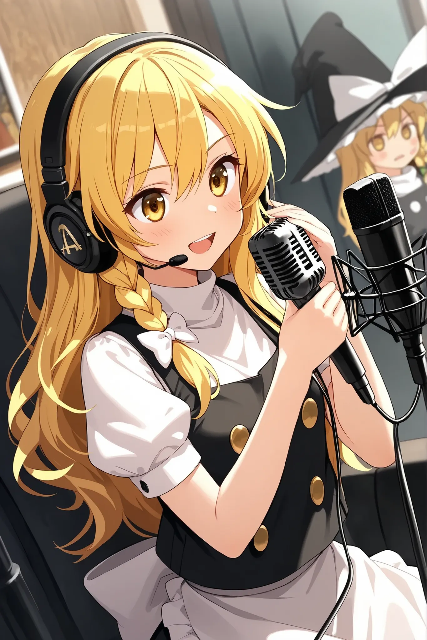 (Quality, 4k, A High Resolution, Masterpiece), Marisa Kirisame, blonde hair, long hair, side braid, golden eyes, headphones and microphone 