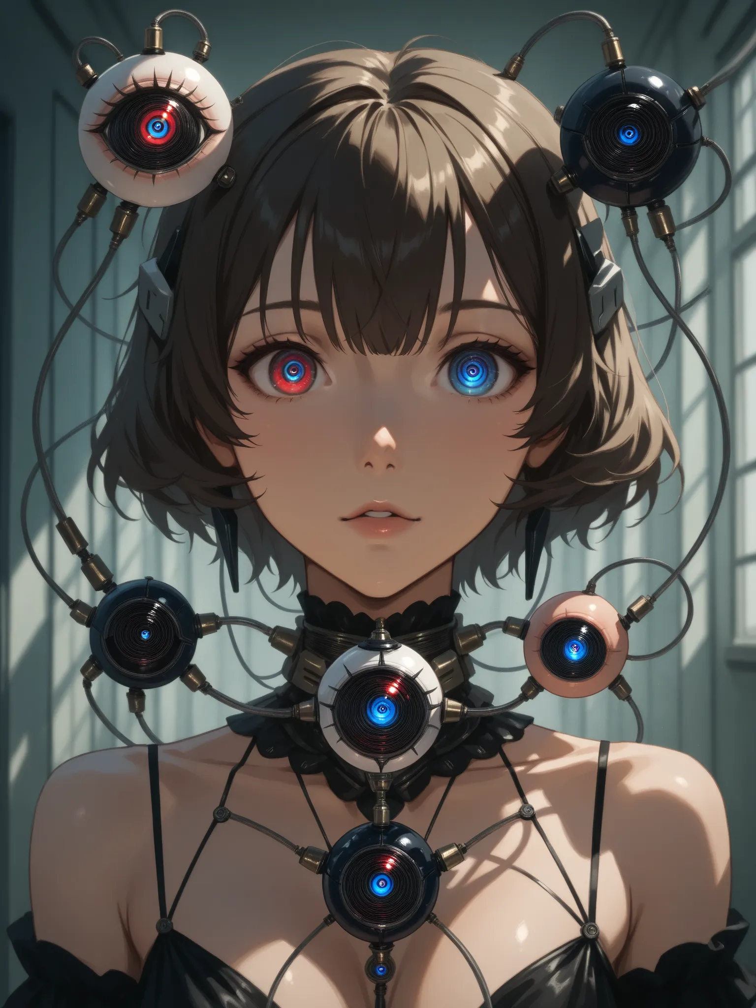 portrait photography、cybernetic eye、beautiful woman、beautiful skin、(((very realistic human eyeballs:1.7、artificial eyeballs、完璧なartificial eyeballs、 mechanical )))、android