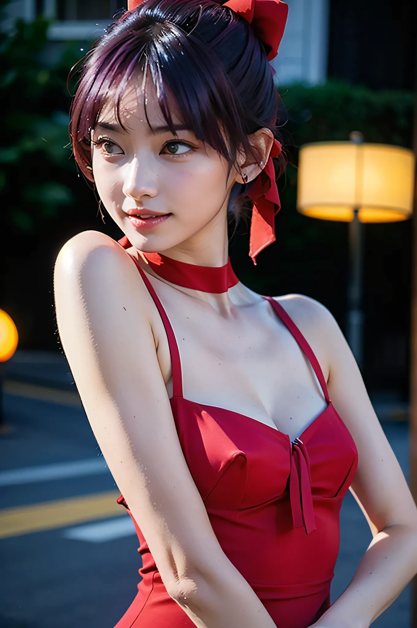 1girl, solo, very cute girl, japanese girl, smile, teen ager,
BREAK 
slim body, flat breasts,
BREAK
nekomusume, (Purple Hair:1.3), (red hair ribbon:1.3), single hair bun, (sharp eyes:1.2, slanted eyes, fox-like eyes), (Yellow Eyes:1.3), pointy ears,
BREAK
...
