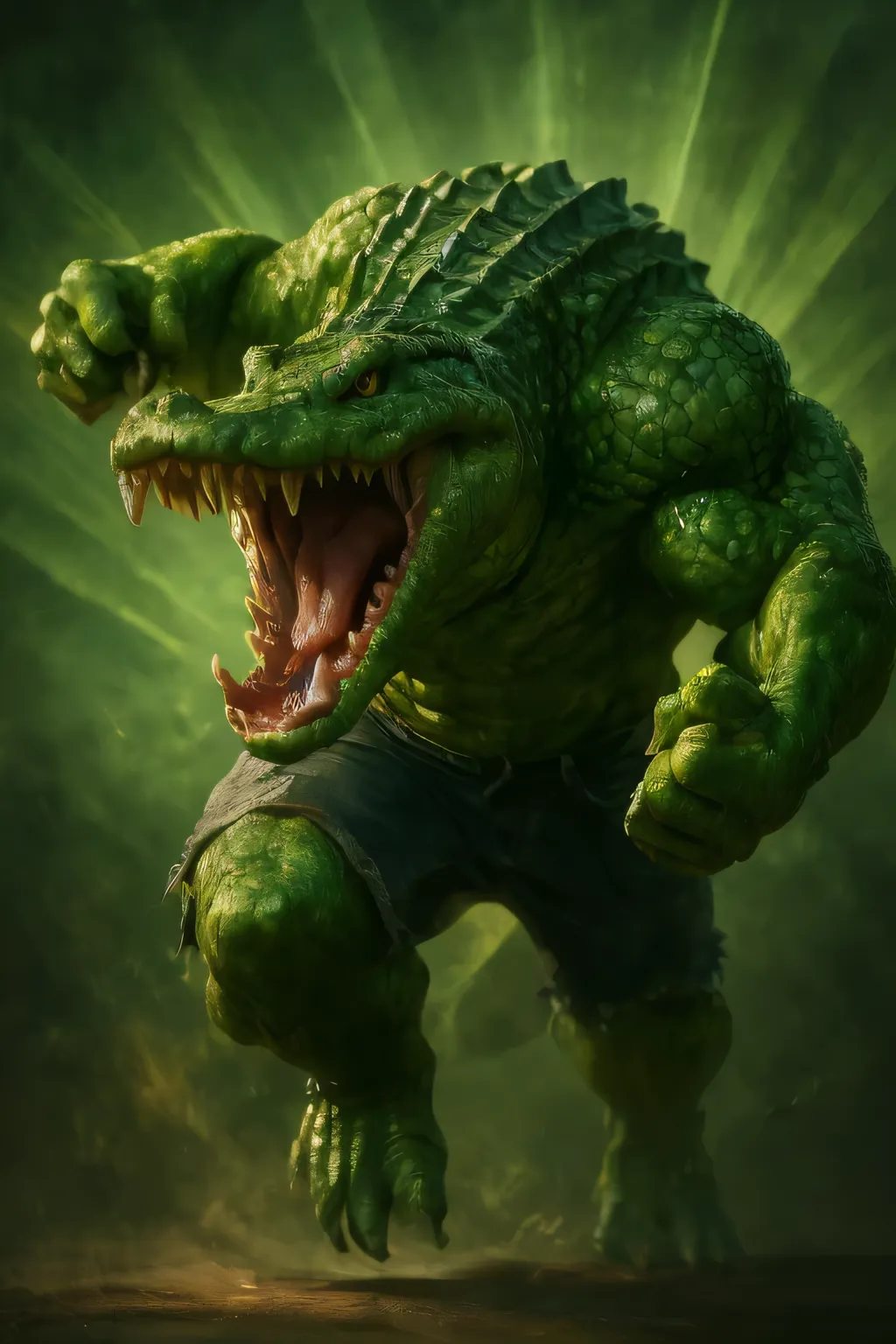 ​A powerful anthropomorphic crocodile with a very muscular body, leaps forward with a roaring mouth and sharp fangs, his fists clenched, and his body filled with energy. The skin from the creature's back to its arms is richly textured with the rough, scaly...