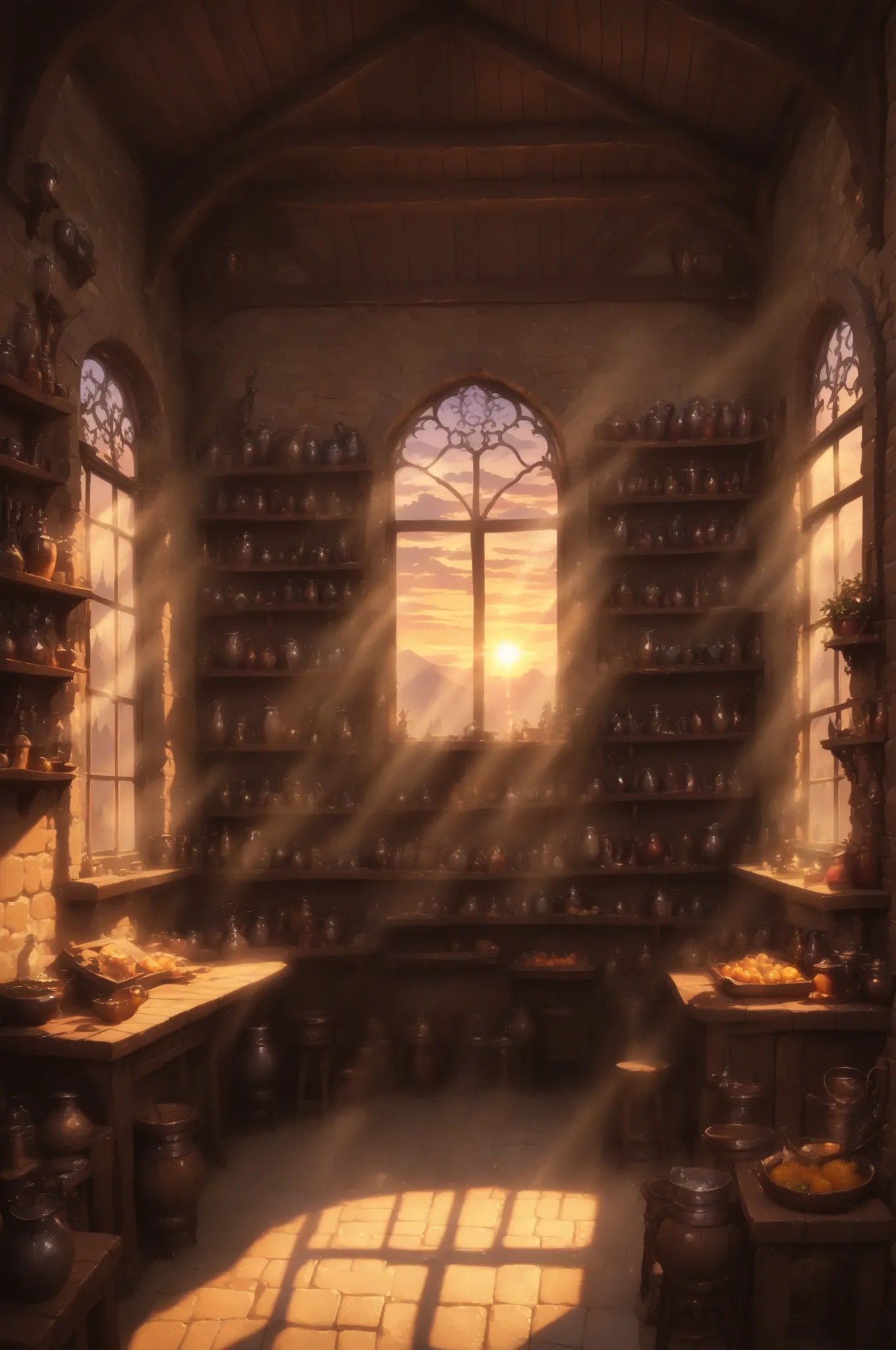 magic shop shop, a beautiful sunset outside the window. rays of the sun penetrate the window and illuminate the dust in the air with rays, high resolution, hd8k. highest detail.
