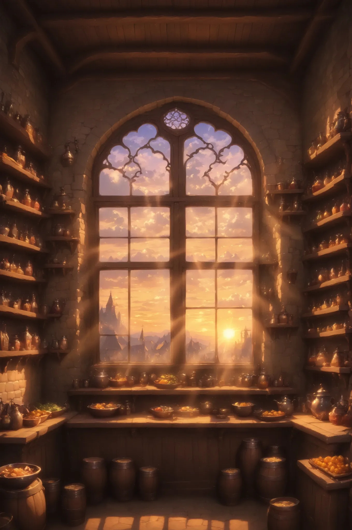 magic shop shop, a beautiful sunset outside the window. rays of the sun penetrate the window and illuminate the dust in the air with rays, high resolution, hd8k. highest detail.