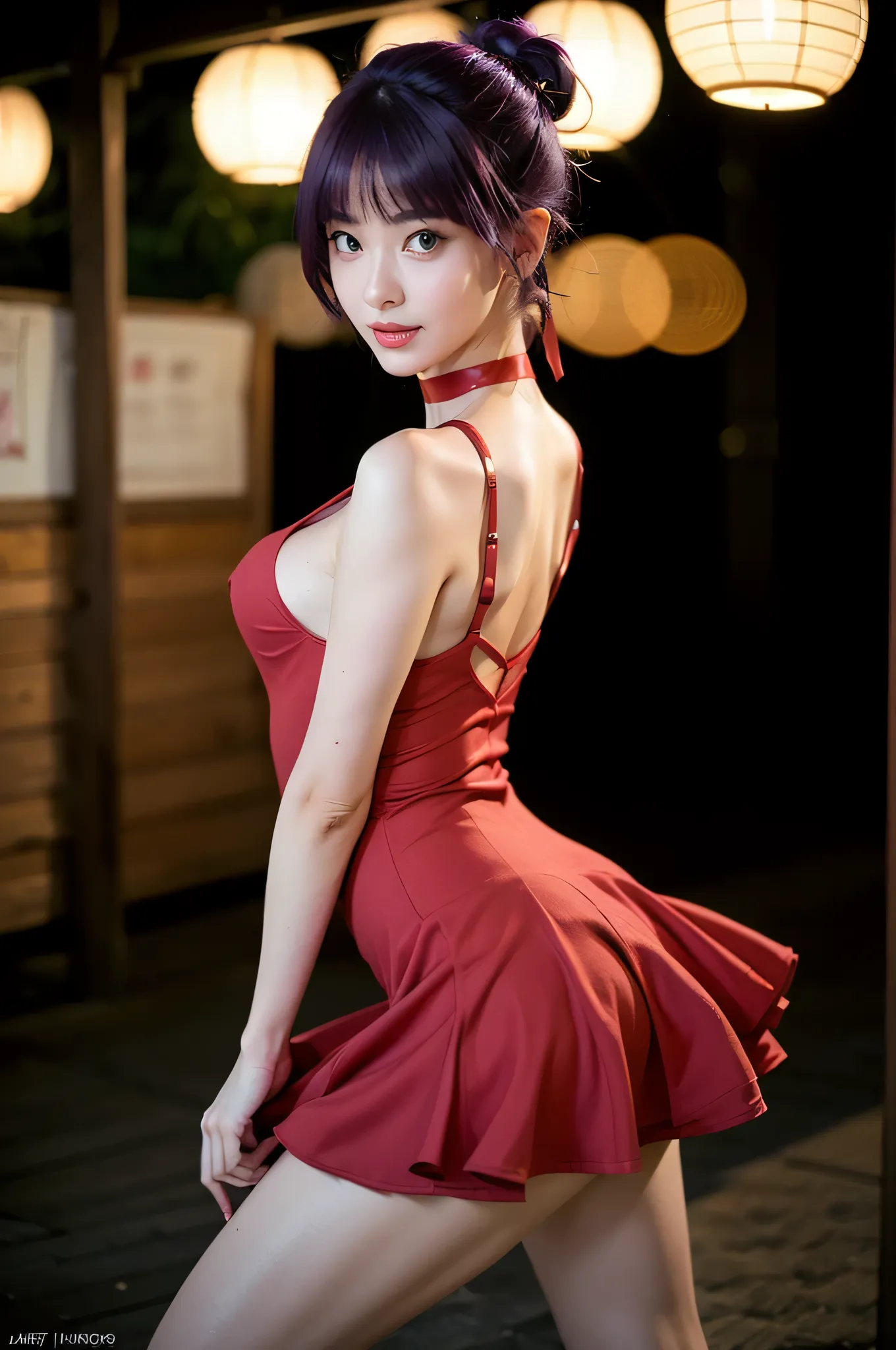 1girl, solo, very cute girl, japanese girl, smile, teen ager,
BREAK 
slim body, flat breasts,
BREAK
nekomusume, (Purple Hair:1.3), red hair ribbon, single hair bun, (sharp eyes:1.2, slanted eyes, fox-like eyes), (Yellow Eyes:1.3), pointy ears,
BREAK
8K raw...