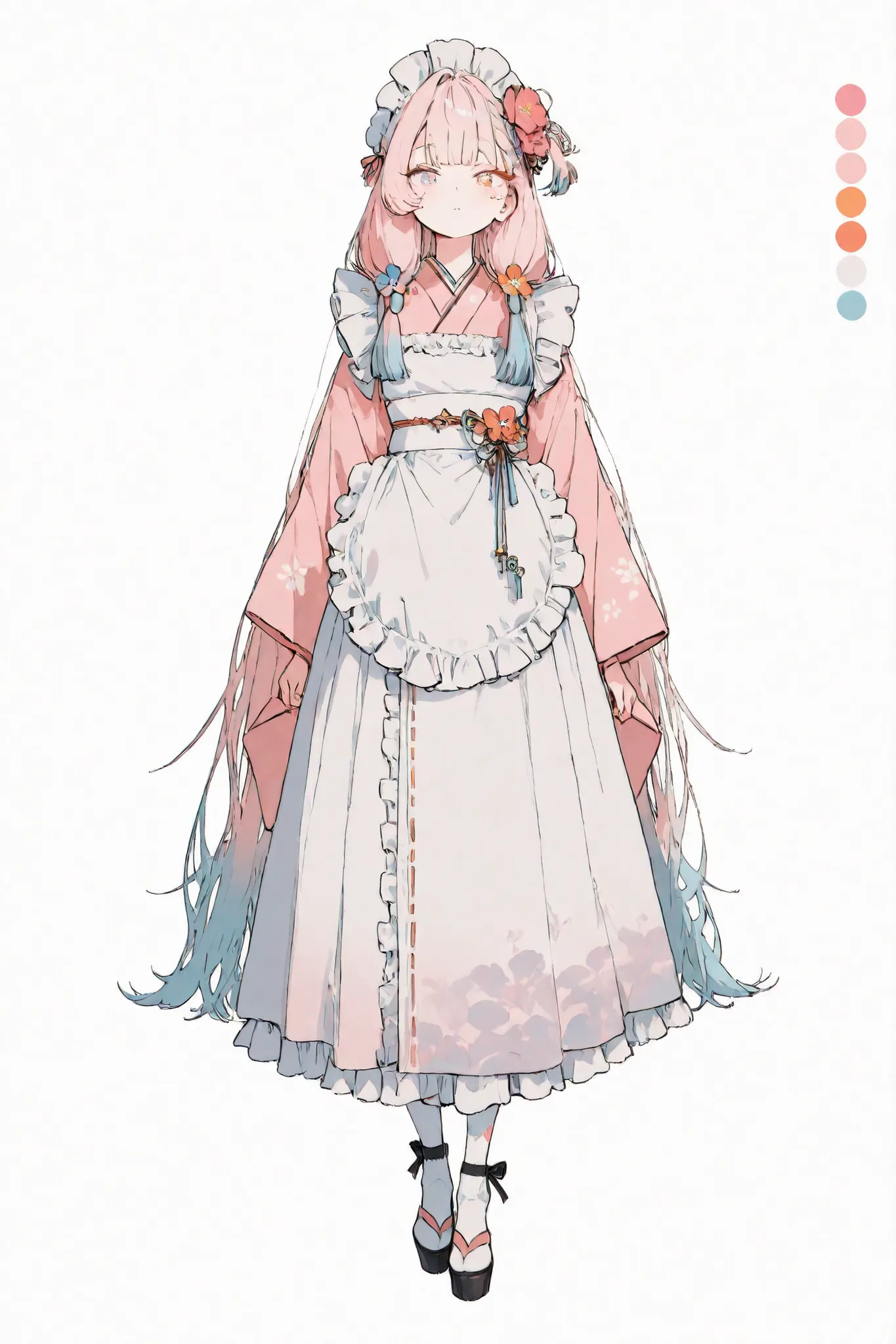 CharacterDesignIllustrious, simple white background, (color guide:1.2), (full body), dynamic pose, 1girl, solo, very long hair, pink hair, light blue line hair, beautiful eyes, flower-shaped pupils, heterochromia, mismatched pupils, Light blue right eye, O...