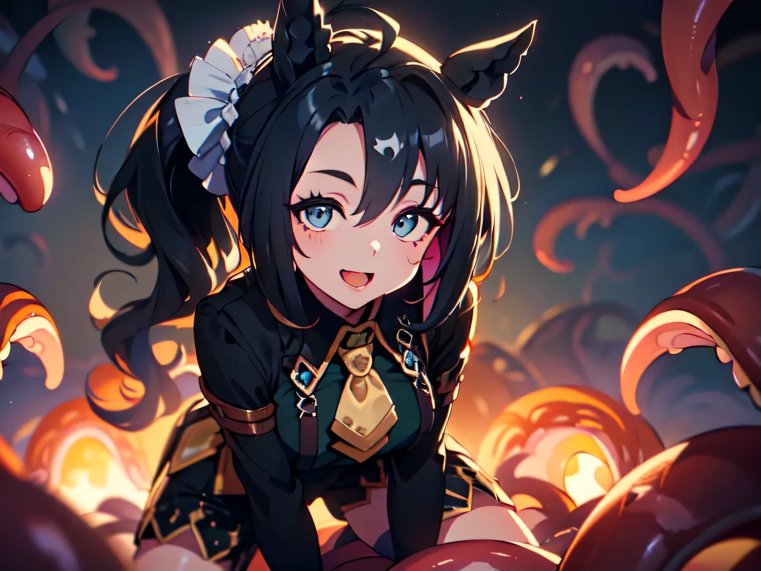 (Solo, alone, thick tentacles, tentacle hell: 1.5), (no ears, no horse, no lights: 1.5), (mature woman, horse ears, black hair, long fluffy hair, ahoge, ponytail, slanted eyes, blue eyes, looking at camera, rosy cheeks: 1.5), (delighted expression: 1.5), (...