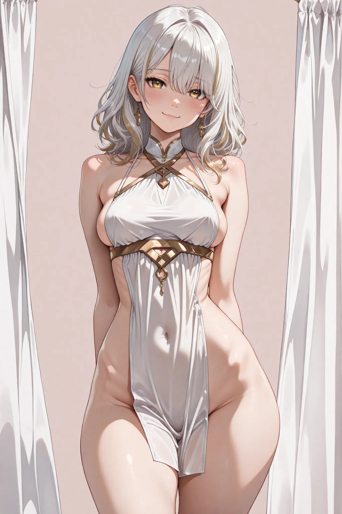 (masterpiece), best quality, expressive eyes, perfect face,1 girl, medium breasts, breast expansion, seductive pose, looking at viewer, cowboy shot, straight expression, ((white top, cropped top, halterneck, sideless, sideboobs, white Loincloth, micro pelv...