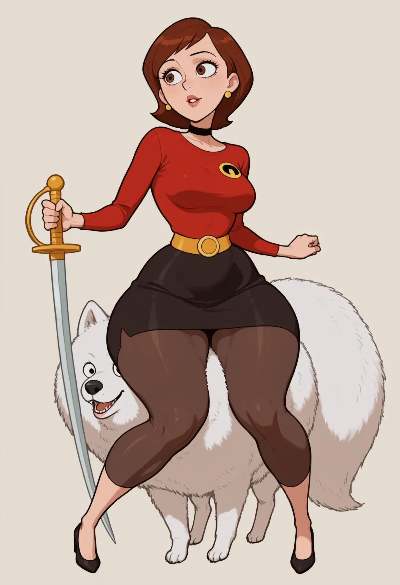 Helen Parr , mature female, medium hair, Bob_cut, brown hair, brown eyes, big eyes, long eyelashes, medium breasts, narrow waist, thick thighs, huge hips, fair skin, thin hands, earrings, makeup, pink lips, lipstick.|  (((big white Samoyed))) , (((riding b...