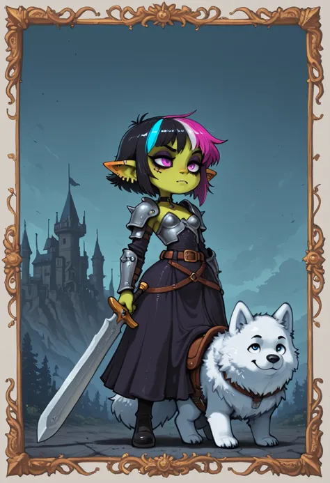 female punk, random colors hair, short hair, black eye , facial piercings, eye makeup, small breasts, meduim hips, (goblin girl:1.0) (shortstack:1.0) (green skin:1.0) (pointy ears:1.0) (wide hips:1.0)| (((big white Samoyed))) , (((riding big white Samoyed...