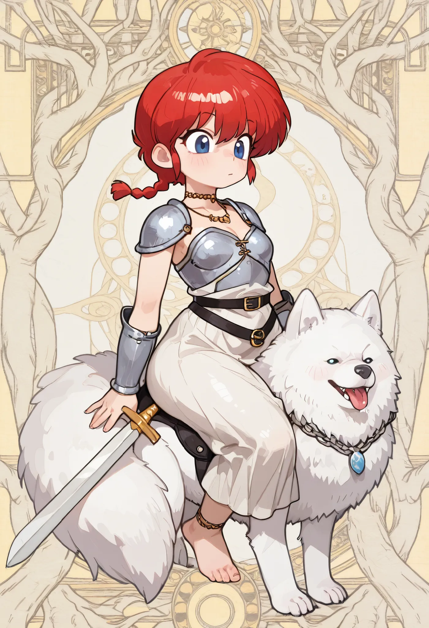 safe_pos, Ranma Saotome. red hair. short hair. blue eyes. small breasts. wide hips. necklace. black eyeliner. pink manicure. |   (((big white Samoyed))) , (((riding big white Samoyed))) ,score_9, score_8_up, score_7_up, score_6_up, score_5_up, body,armor, ...