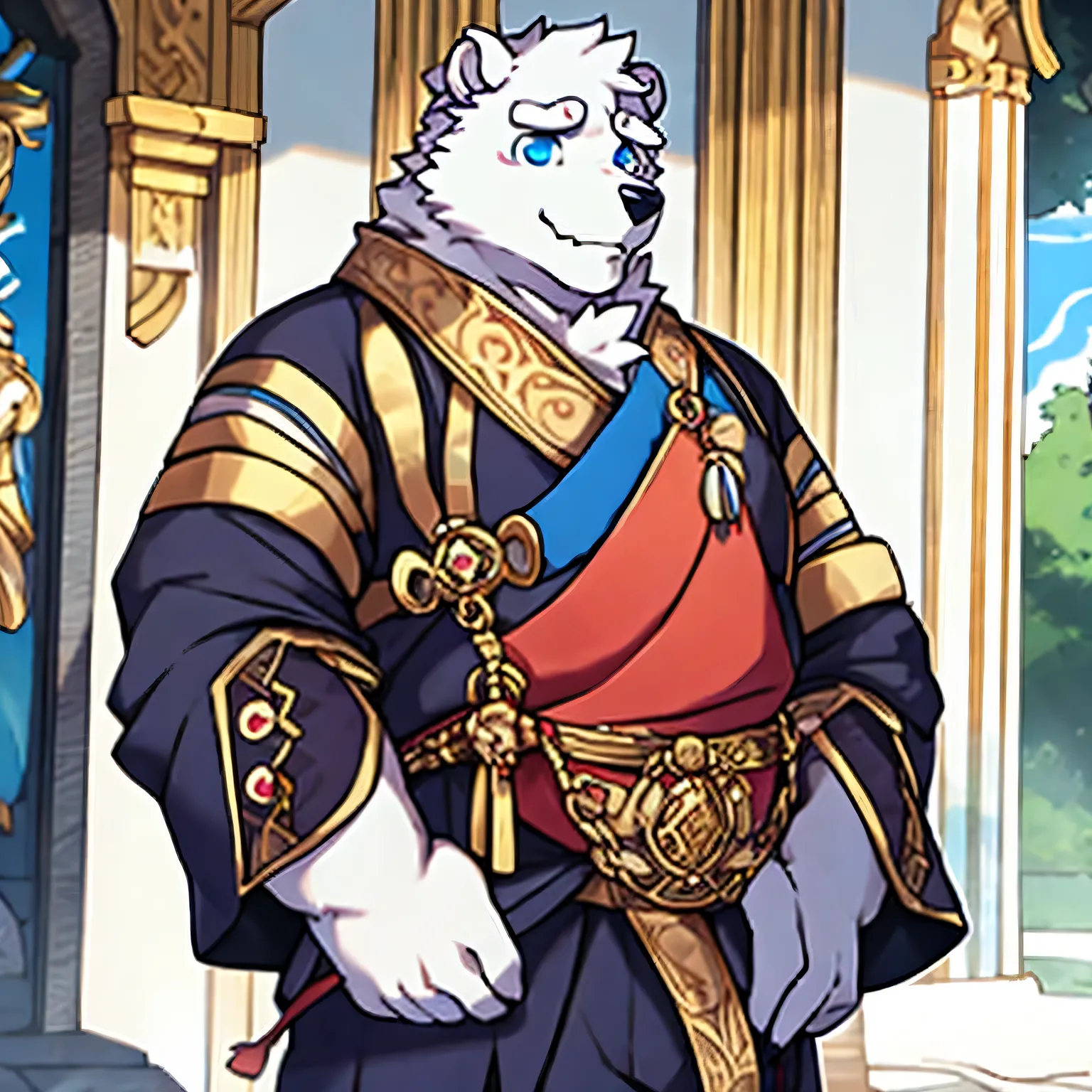 Polar bear beast man, with blue eye, wearing royal garments, looking shy