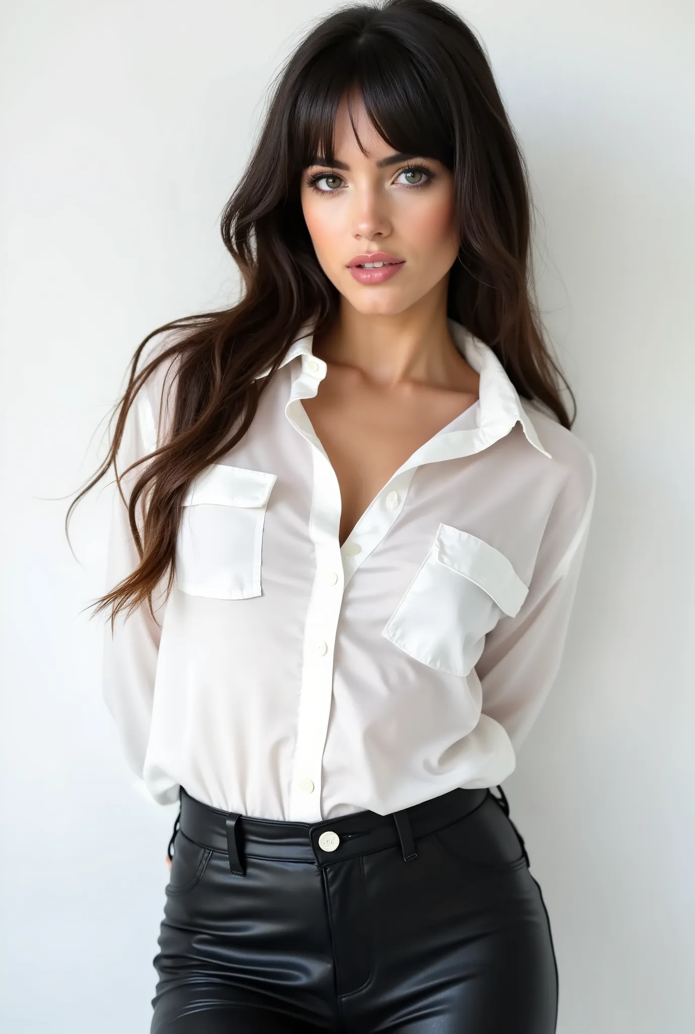 Leah Ray, English model with a shiny white satin button down shirt, black leather pants, white studio background
