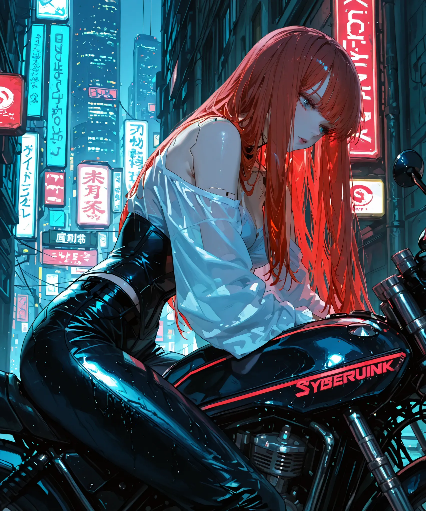 Cyberpunk android (masterpiece, best quality:1.2), a girl, Solo,red hair rides a motorcycle through a rainy cyberpunk city
