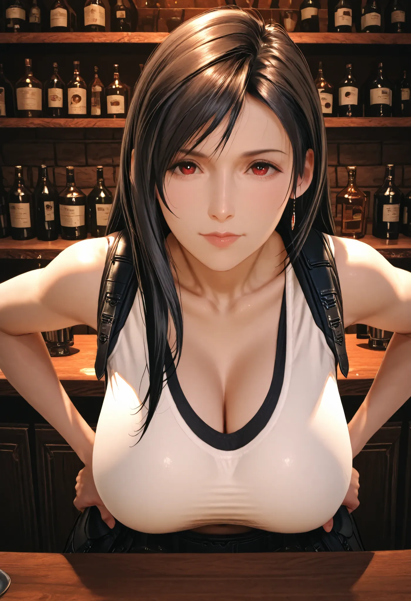 best quality, anatomisch korrekt, detailliertes Bild, high resolution, Tifa Lockhart, allein, Bar, Stands with legs apart at the counter, Looks at the viewer joyfully, geschlossener Mund, hands on hips, Her upper body is slightly tilted forward towards the...