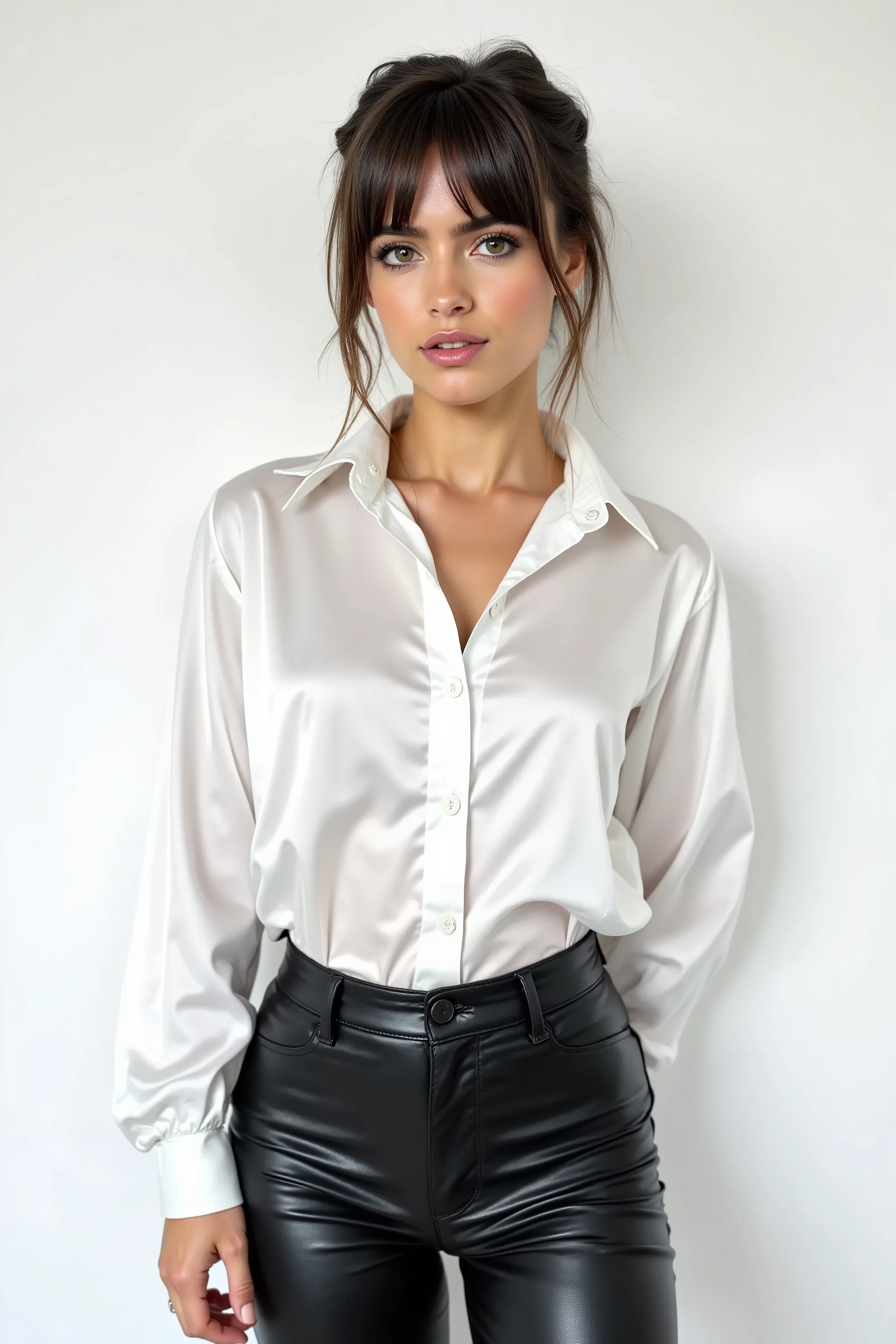 Leah Ray, 4'9" tall, English model with a shiny white satin button down shirt, black leather pants, white studio background