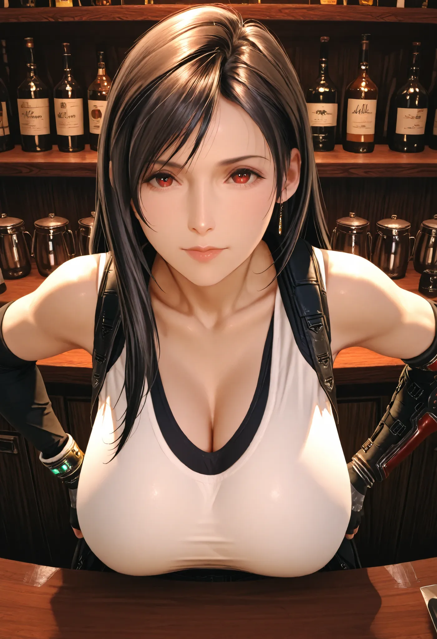 best quality, anatomisch korrekt, detailliertes Bild, high resolution, Tifa Lockhart, allein, Bar, Stands with legs apart at the counter, Looks at the viewer joyfully, geschlossener Mund, hands on hips, Her upper body is slightly tilted forward towards the...
