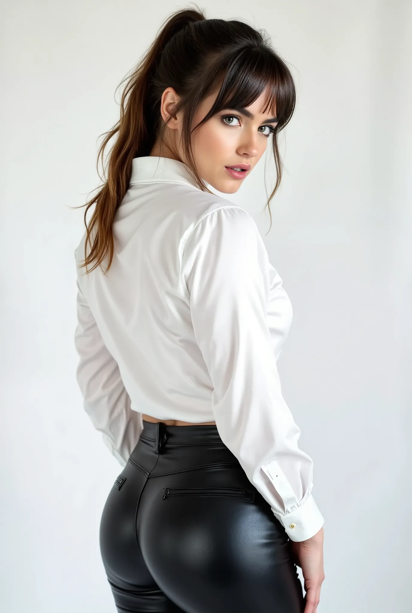 backview image of Leah Ray, 4'9" tall, English model with a shiny white satin button down shirt, black leather pants, looking over her shoulder at the viewer, white studio background