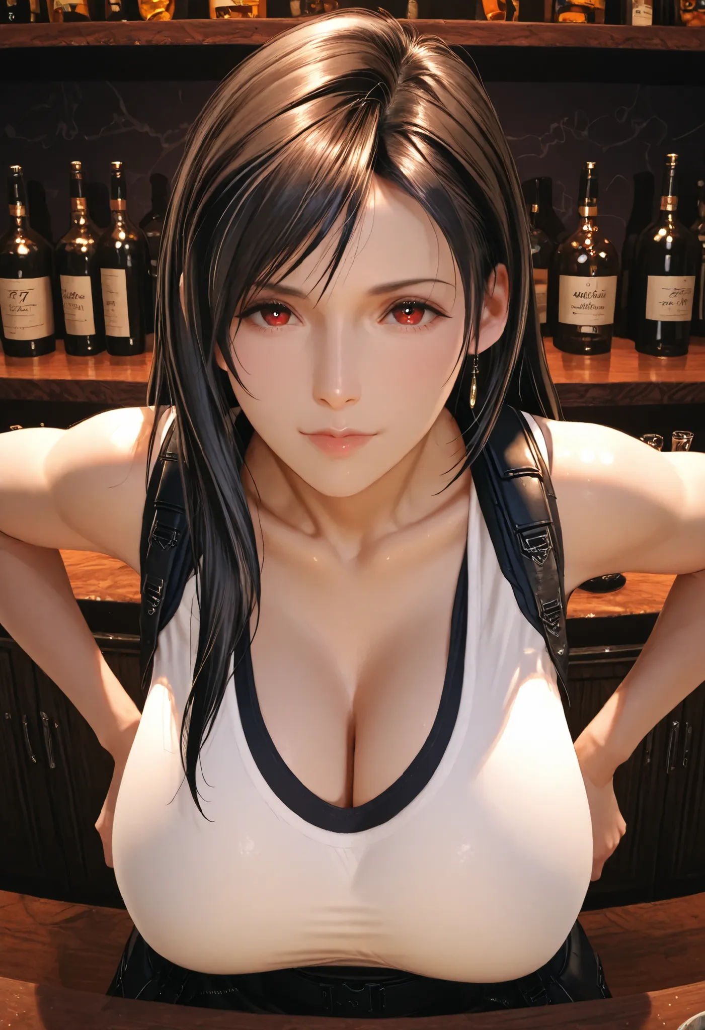 best quality, anatomisch korrekt, detailliertes Bild, high resolution, Tifa Lockhart, allein, Bar, Stands with legs apart at the counter, Looks at the viewer joyfully, geschlossener Mund, hands on hips, Her upper body is slightly tilted forward towards the...