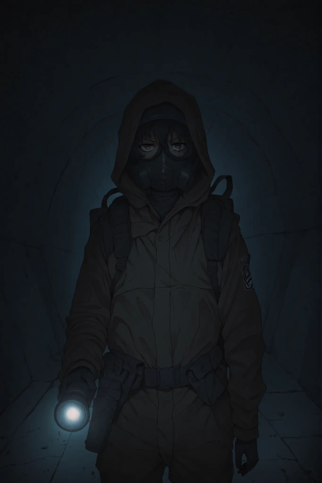 1girl, S10 gasmask, gasmask, (dark), ozk, murky-orange ozk suit, fully covered, brown eyes, black hair, covered head, covered face, military backpack, black backpack, ((frown)), stern look, calm, small iris, hood up, flashlight, gun holster, gun holster on...