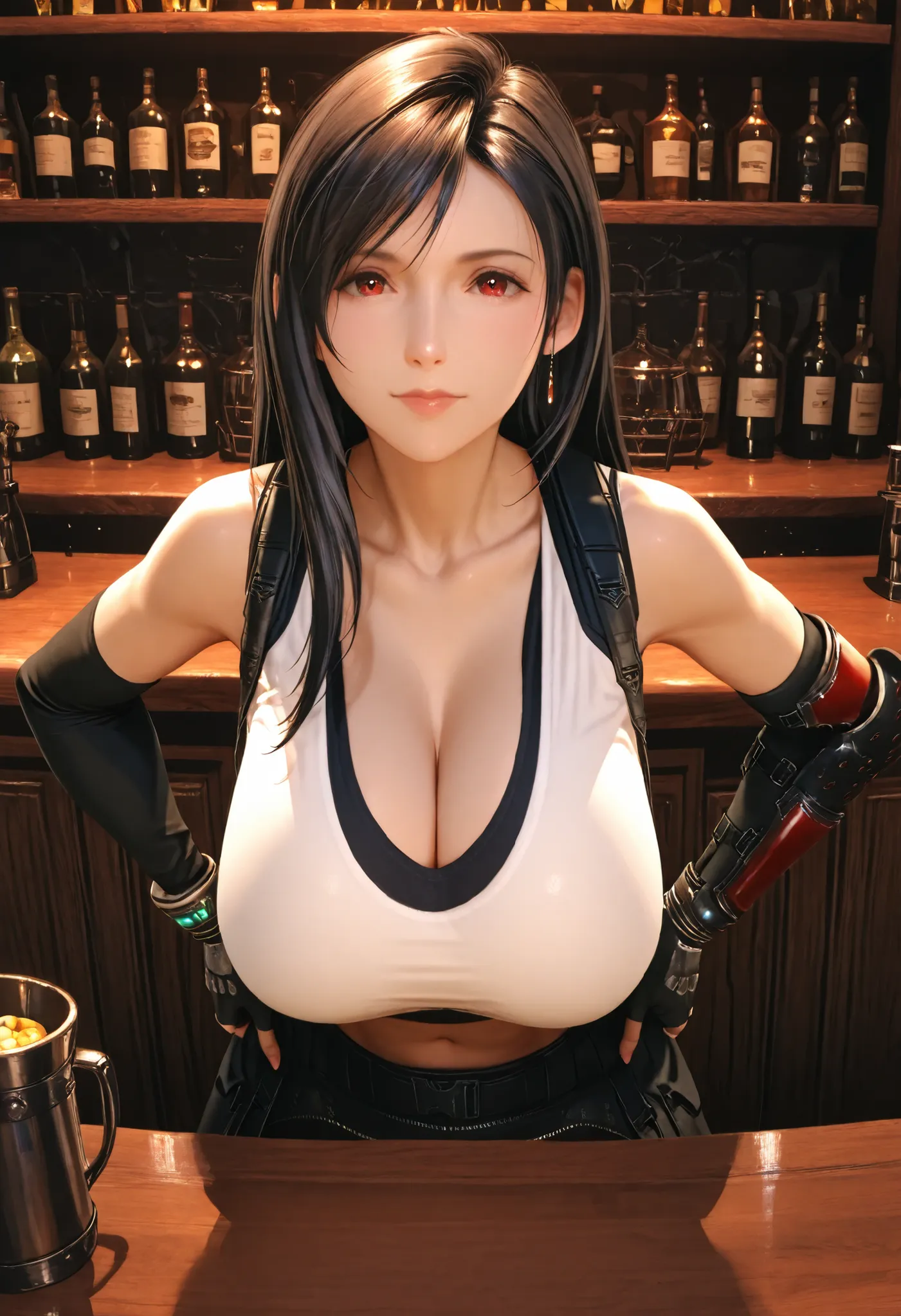 best quality, anatomisch korrekt, detailliertes Bild, high resolution, Tifa Lockhart, allein, Bar, Stands with legs apart at the counter, Looks at the viewer joyfully, geschlossener Mund, hands on hips, Her upper body is slightly tilted forward towards the...