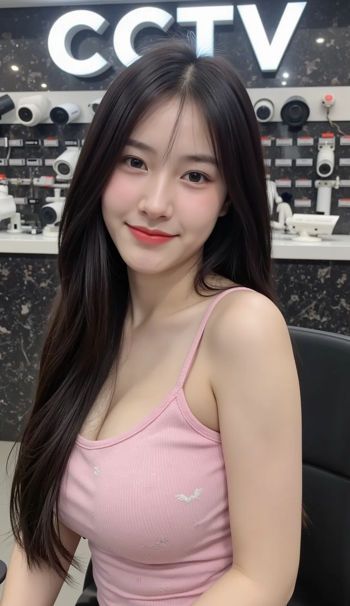 Realistic teen woman Beautiful face Black long hair Big breasts Attractive shape Looking and smiling for camera 8K high definition sharp focus Very high detail Realistic like photo Natural light Smooth skin
She sits in a black chair behind a black product ...