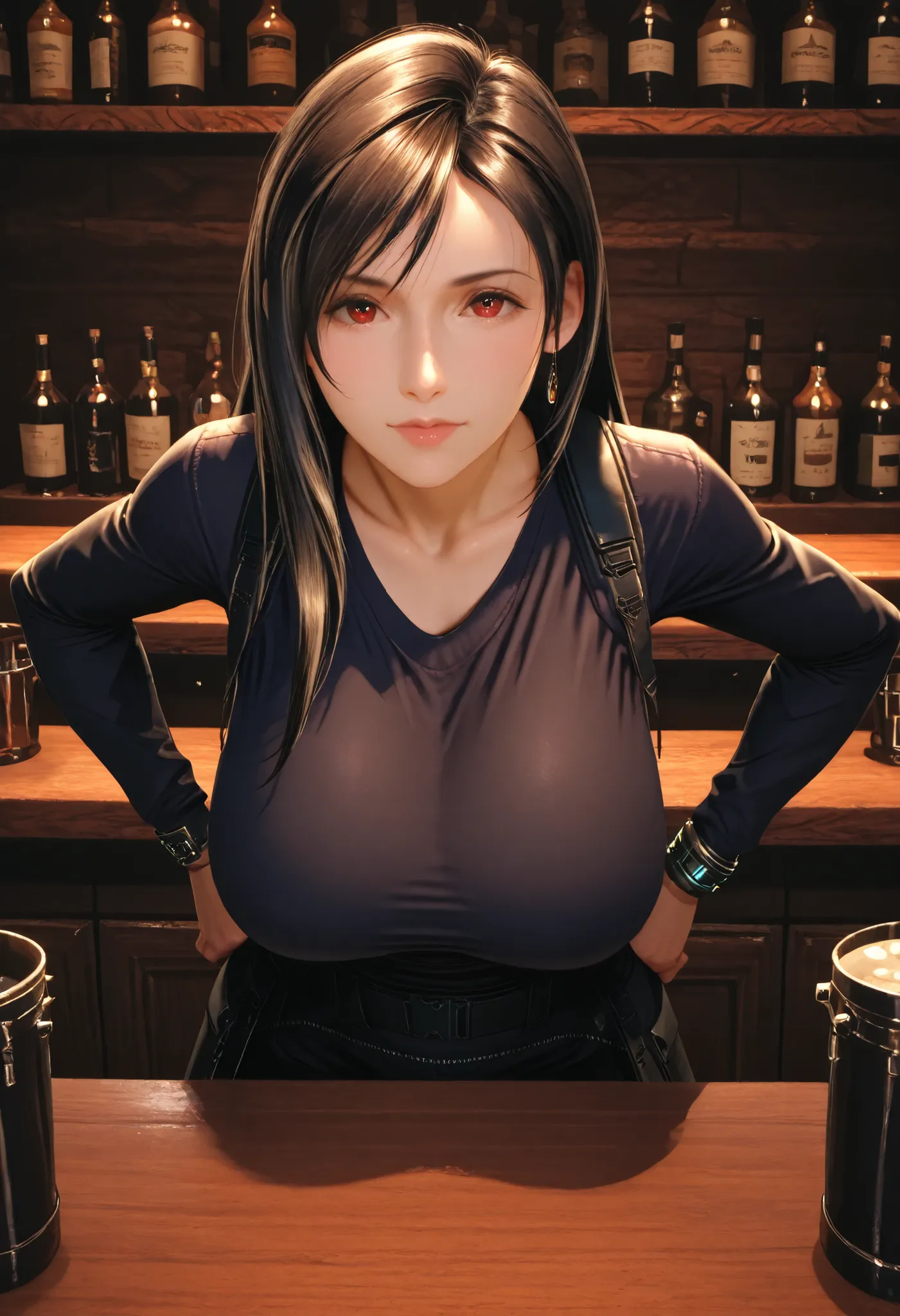best quality, anatomisch korrekt, detailliertes Bild, high resolution, Tifa Lockhart, allein, Bar, Stands with legs apart at the counter, Looks at the viewer joyfully, geschlossener Mund, hands on hips, Her upper body is slightly tilted forward towards the...