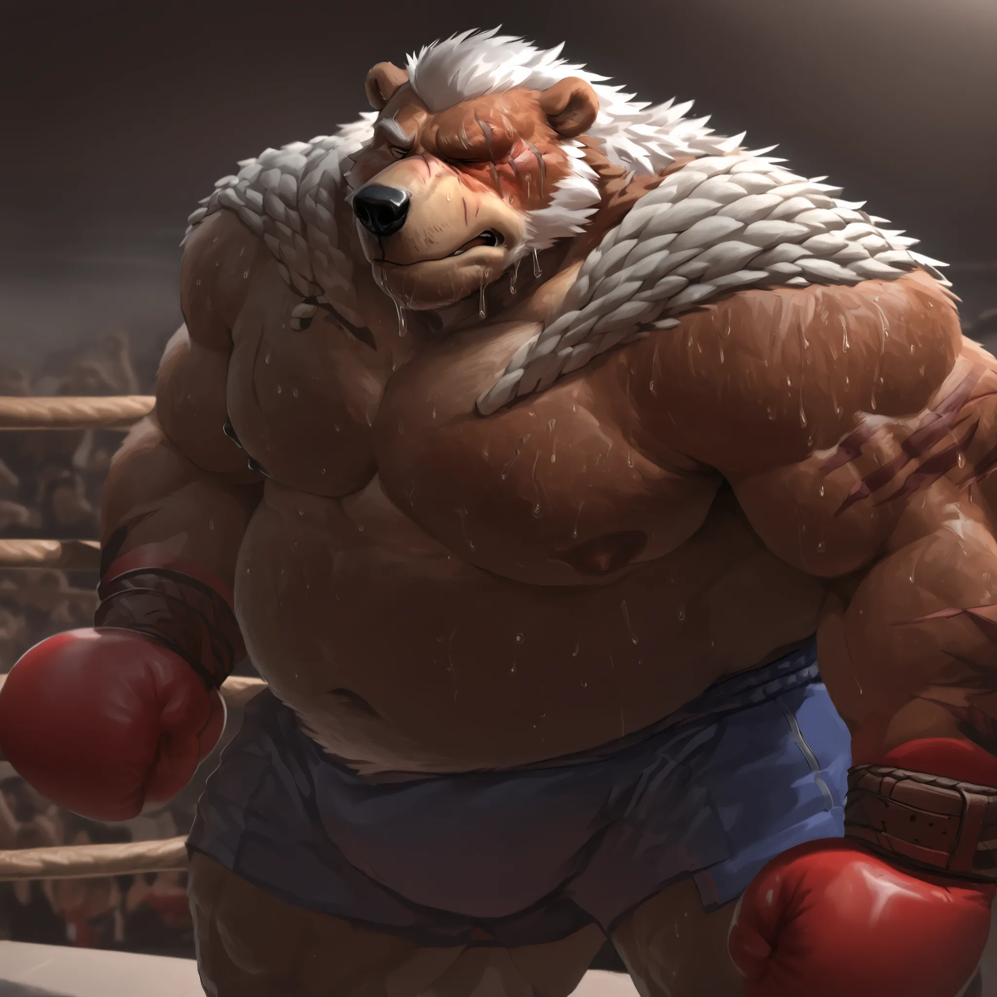  we do not _DRAGON,  Digital Art , masterpiece, Alone, 1 personの男の子, 1 person, portrait, (((Highlander,tired body,groggy、nosebleed, tired expression、))),bust up,Huge muscular  ,big belly body, ((white haired old bear swollen up)), (((  face_Swollen　  face_...