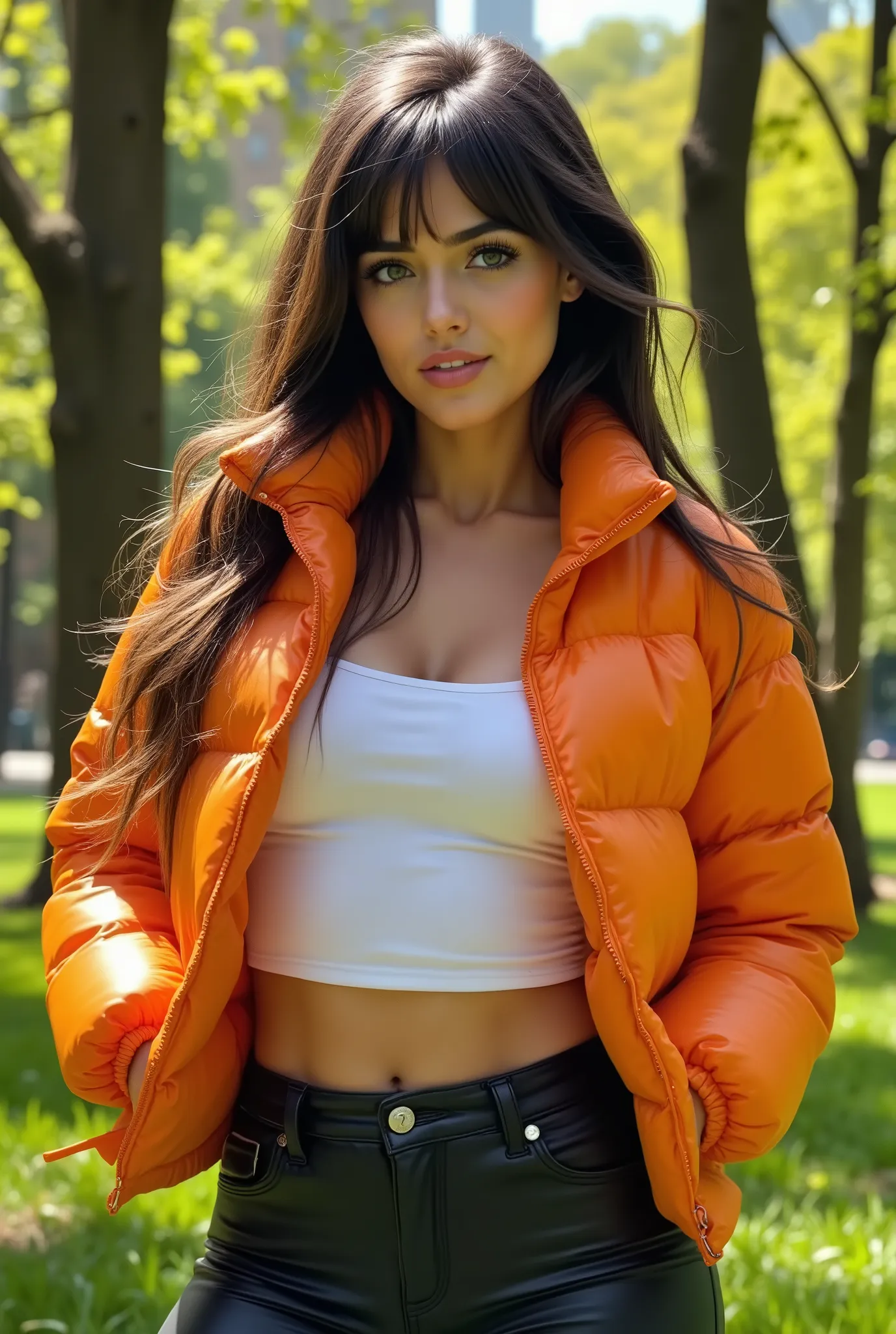 Leah Ray, long hair, masterpiece, best quality, (photorealistic:1.4), (shiny orange cropped PUFFER JACKET over white tank top:1.1), (leather jeans:1.2), in the New York Central Park, sunny day, cinematic light,