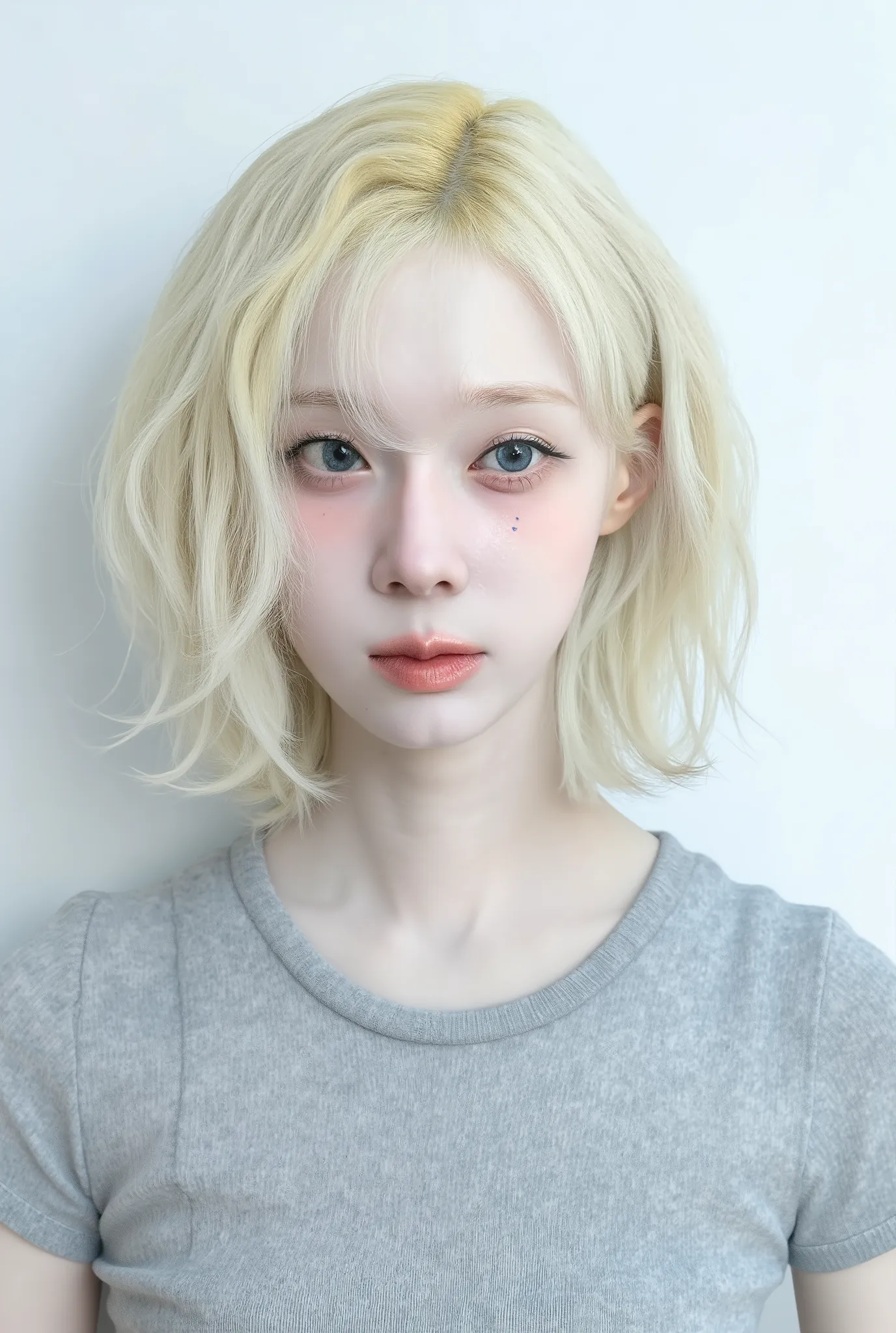 Ultra-detailed medium close-up portrait of an androgynous young albino person with delicate, porcelain-like skin and pale blue, almost translucent eyes. Their hair is pure white, cut to neck-length, with soft, natural curls that gently frame the face. A fa...