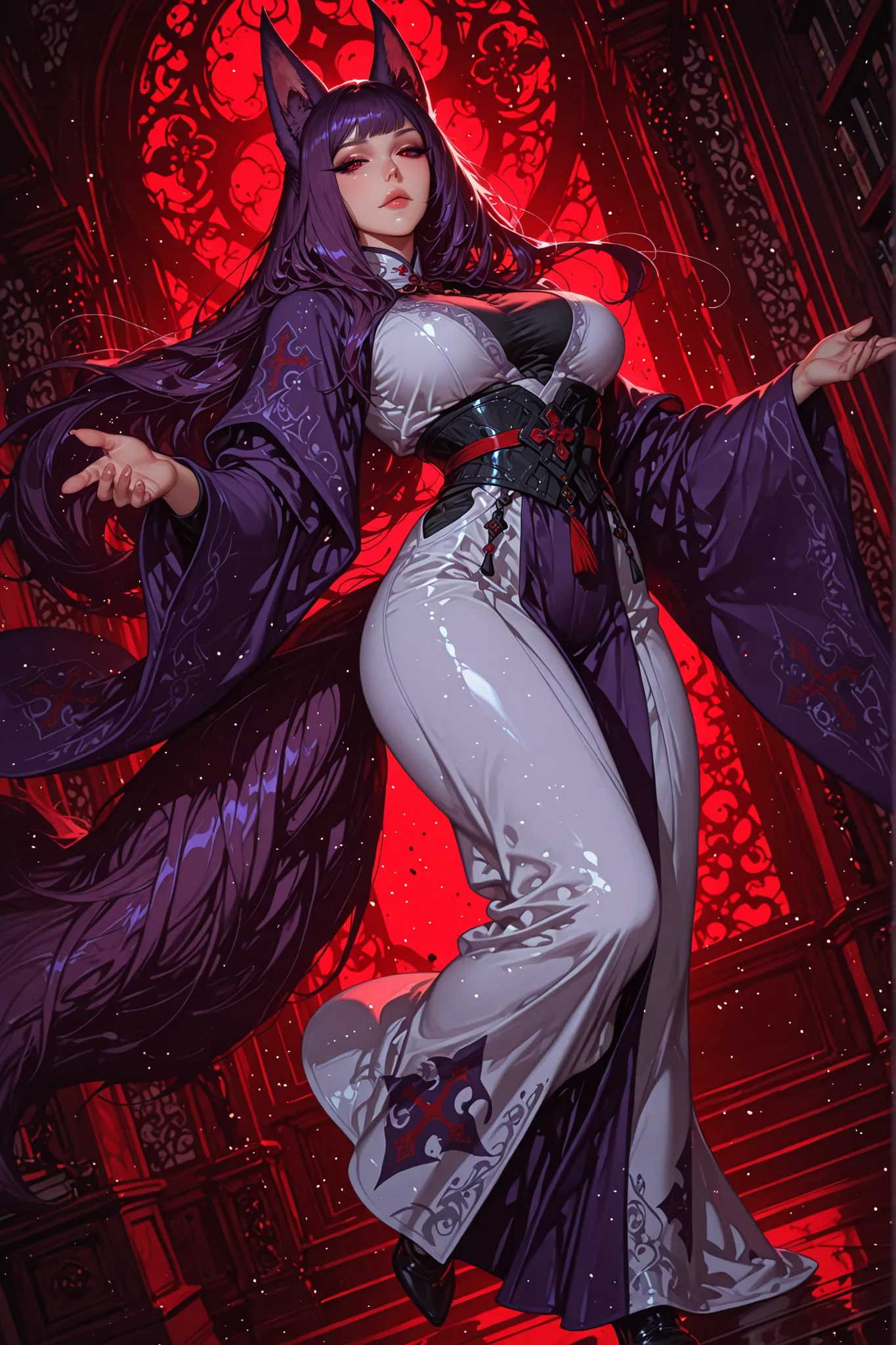 adult female, medium plus plus sized breasts, Foc Ears, Five Fox tails mature women, mature woman, 1girl, pinklips,calm gaze, crimson-red eyes, purple eyeliner, purple hair(eminence shade), purple robes(white embroidery), medium plus plus sized breasts, to...