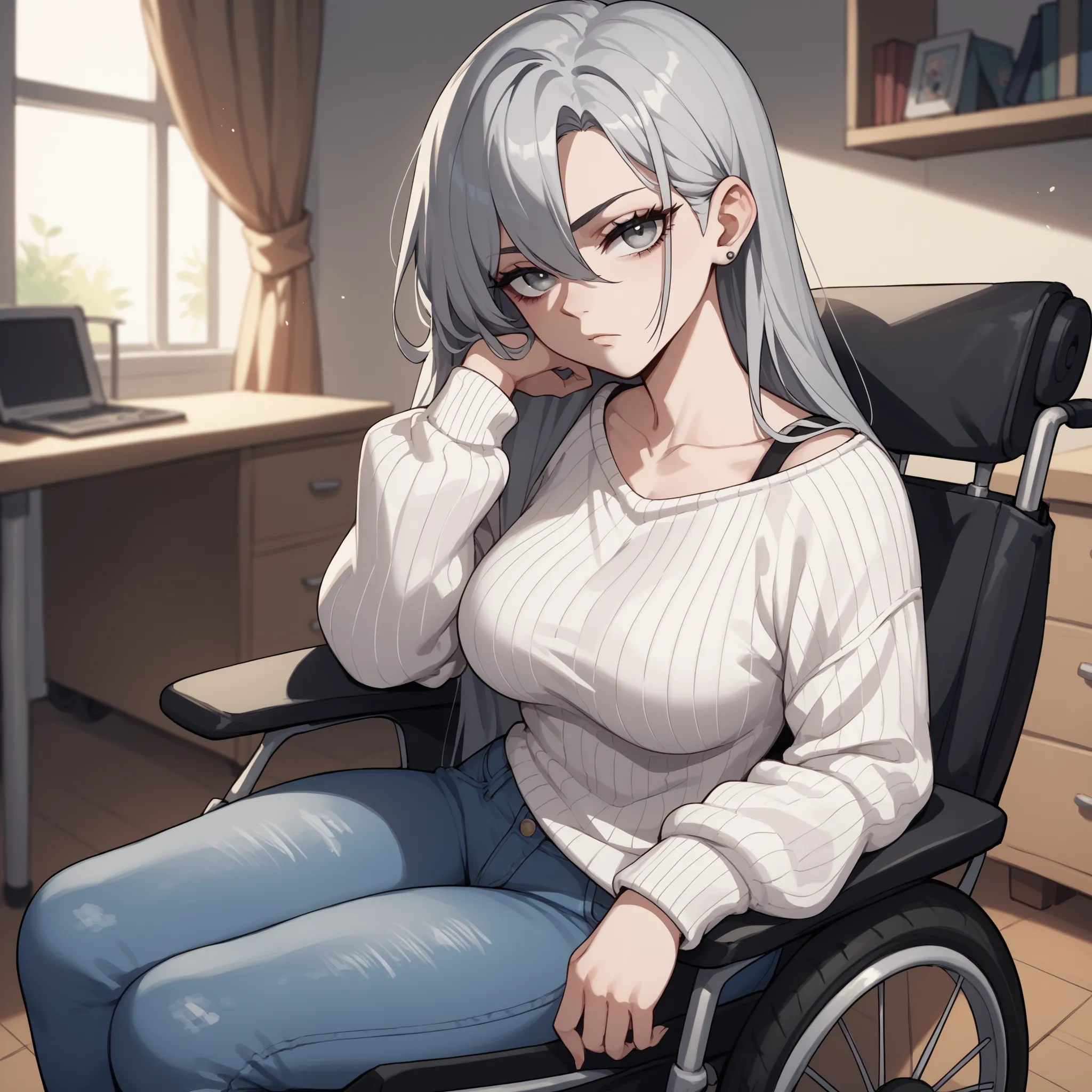 a woman with long gray hair and gray eyes. she looks tired and has bags under her eyes. she is wearing a white sweater and blue jeans. she is in a wheelchair and is in a living room. she is looking at you.