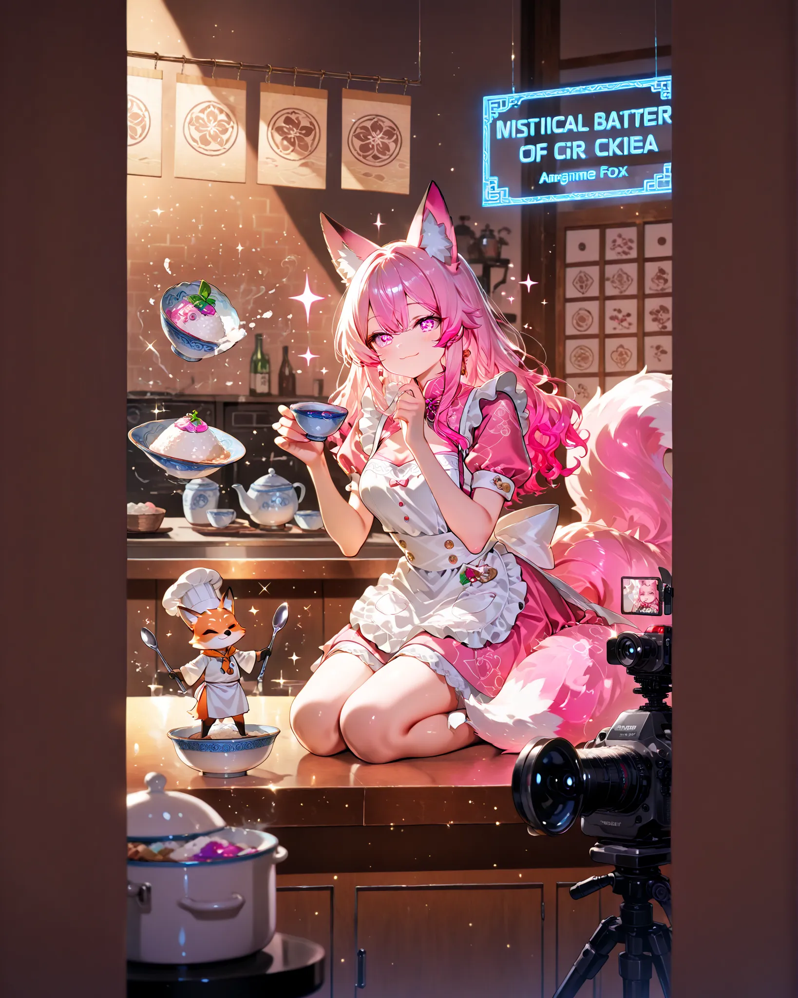 A masterpiece, ultra-detailed, 4K resolution, whimsical anime style with soft cinematic lighting and vibrant warm tones.

In a magical and colorful cooking studio, in a kawaii style blended with classic Oriental touches, a beautiful young woman with kitsune (fox girl) features kneels elegantly behind a low counter. She has long, wavy pink hair, fluffy fox ears of the same shade, bright pink eyes, and a furry pink tail that curls delicately around her. Her outfit is a charming version of a tea maid's uniform, with a white apron and light pink accents.

In her hand, she holds a porcelain cup with a curious expression and a slight, seductive smile. On the counter before her sits the Tiny Chef—miniature, wearing an apron and a chef's hat that's oversized for her size, and holding a spoon like a sword. He appears to be giving energetic orders while mixing ingredients in a magical, gently floating bowl.

Behind them, the setting evokes a traditional Japanese cooking show mixed with modern details: rice paper panels with ingredient symbols, sweet dishes floating on conveyor belts, a camera recording, and a holographic sign reading: "Mystical Kitchen with Tiny Chef & Lady Fox."

The lighting is soft and warm, with small, magical sparkles in the air. The overall tone of the image is charming, fun, and full of charisma, with cute elements and a subtle touch of mischief. Highly expressive, artistic composition, fabric details, tail texture, and eye sparkle stand out.
