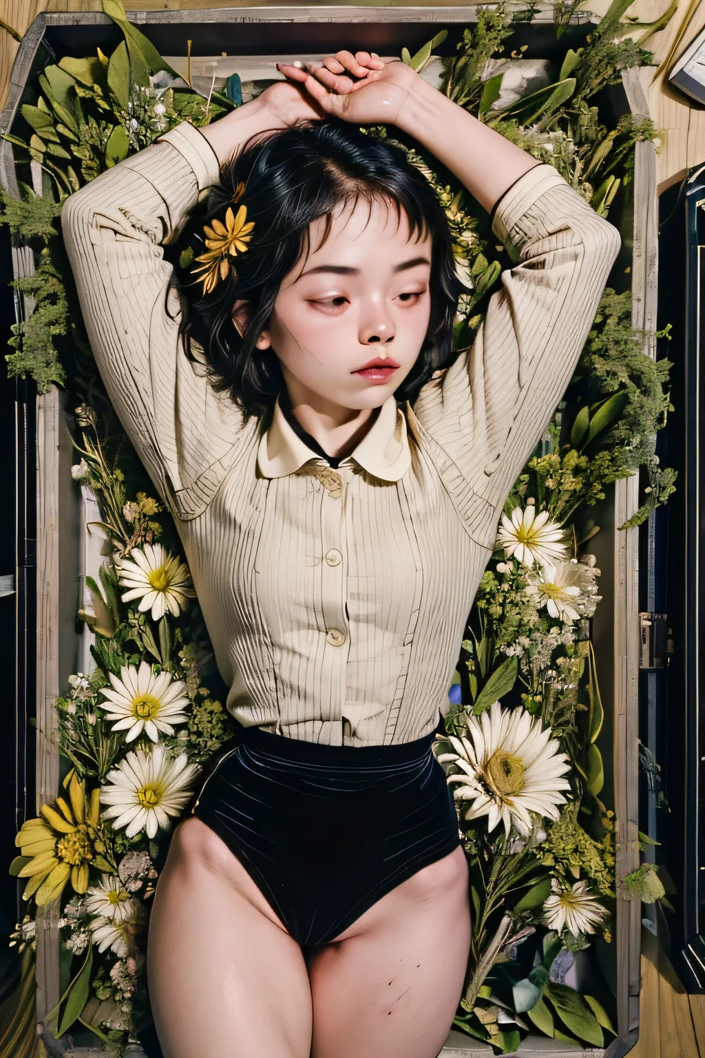nostalgic aesthetically,1girl,closed eyes,black gymnastics bloomers,high leg,self wedgie,white blouse,melancholic,melancholy,lying,coffin,in_coffin,melancholy,nostalgic,solitude,elegance and sophistication, somber lighting, introspective composition,vintag...