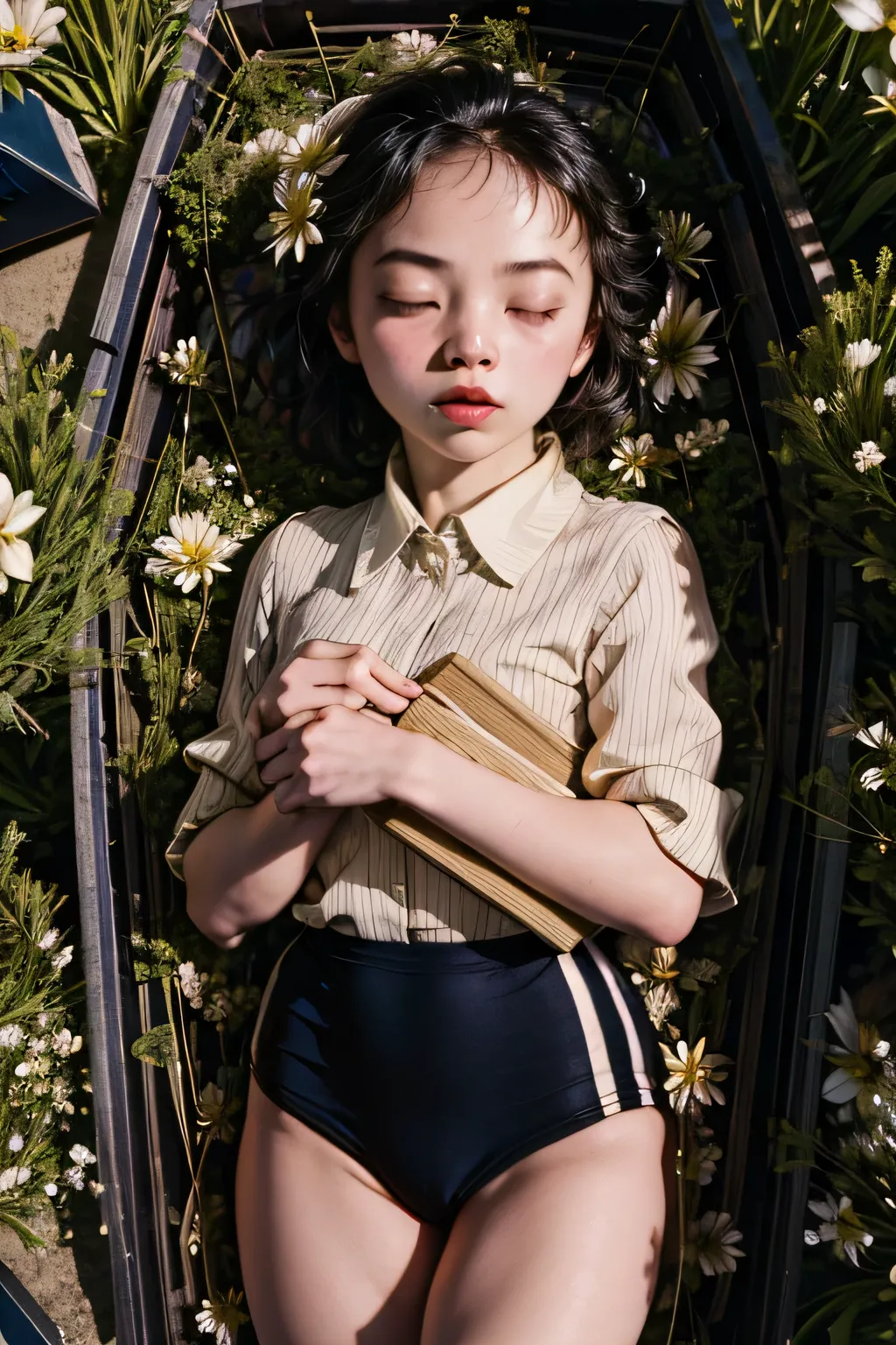 nostalgic aesthetically,1girl,closed eyes,black gymnastics bloomers,high leg,self wedgie,white blouse,melancholic,melancholy,lying,coffin,in_coffin,melancholy,nostalgic,solitude,elegance and sophistication, somber lighting, introspective composition,vintag...