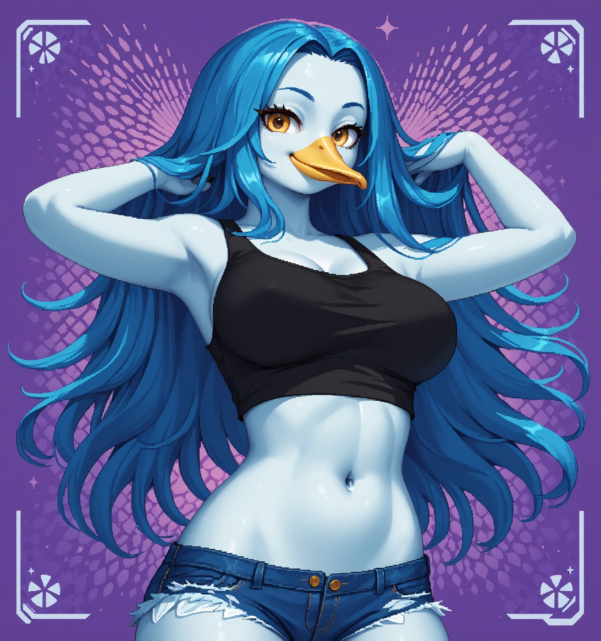 score_9, score_8_up, score_7_up, source_anime, 1girl, solo, pixel art, playingcard, elite rank icon, E, trading card, card_(medium), RPG stats, anthro bird, anthro furry bird, penguin girl, yellow beak BREAK
Long hair, blue hair, large breasts, forehead,...