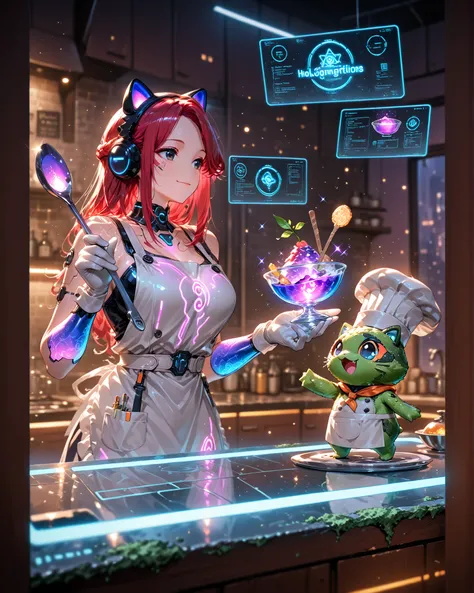 Masterpiece, ultra-detailed, 4K resolution, cinematic lighting, cyberpunk meets whimsical style, warm glow with holographic accents.
A futuristic, elegant, and stylized kitchen, where augmented reality and digital magic meet. In the foreground is iJessy—a...