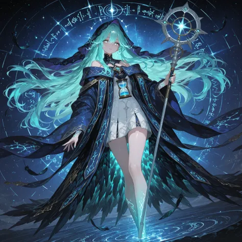 1woman, Dreamveil Oracle, ((Short glowing aqua hair)), Bright silver eyes with star-shaped pupils, Wearing a flowing midnight blue cloak covered in constellations, Floating above a crystal platform, Surrounded by swirling dream mist and drifting feathers, ...