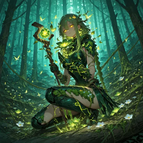 748cmstyle,1woman, Verdant Sentinel, ((Long braided moss-green hair with blooming flowers)), Amber glowing eyes, Wearing natural armor of bark, vines, and crystals, Surrounded by floating leaves, glowing spores, and small forest spirits, Holding a gnarled ...