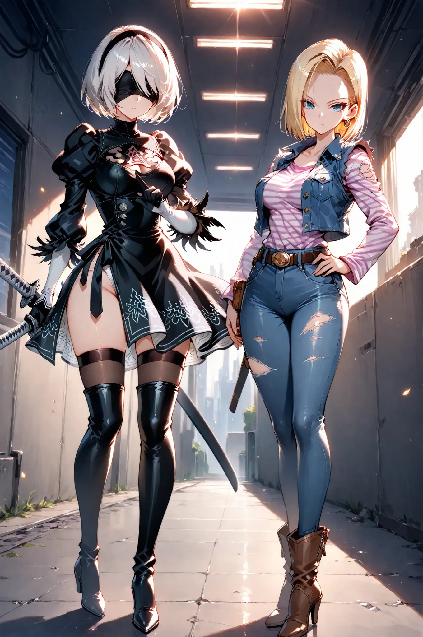 A highly detailed anime-style illustration of two iconic androids side by side. On the left, Dragon Ball's Android 18 wears 2B's iconic black gothic combat outfit, including the blindfolded visor, high heels, and short black skirt with white embroidery, he...