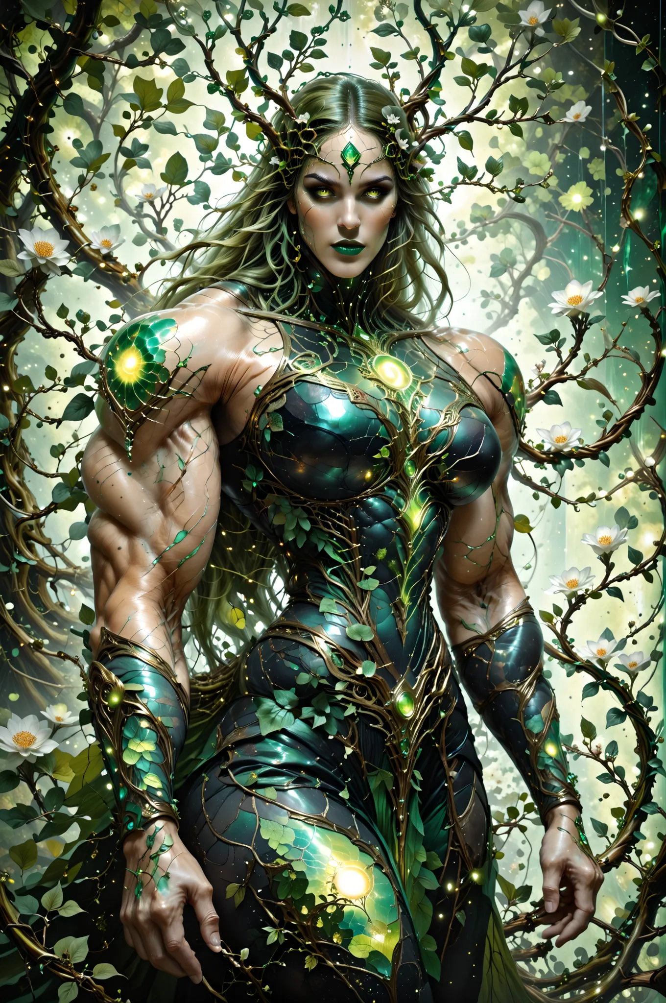 (torso shot:1.5), (1 dryad at far end of screen:1.25), (glowing green eyes:1.25), a beautiful illustration of a hyper muscular dryad in an abstract marble texture with a tarot style frame, with colors of obsidian black, shiny gold, and emerald green, highl...