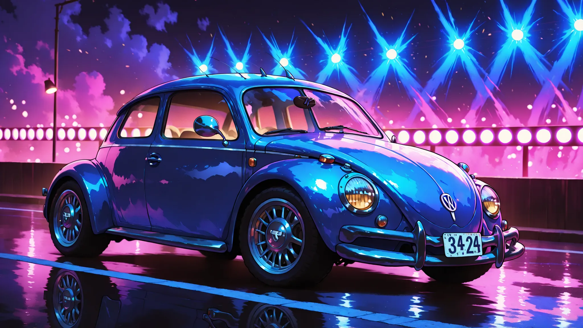 Meisterwerk, best quality, amazing quality, (Volkswagen Beetle 60s Cal Look) in the headlights of a stage, realistisch, hochdetailliert, fotorealistisch, 8K, dramatic lighting, Nahaufnahme, Studiobeleuchtung, traditional oil painting, warme Farbpalette, pi...