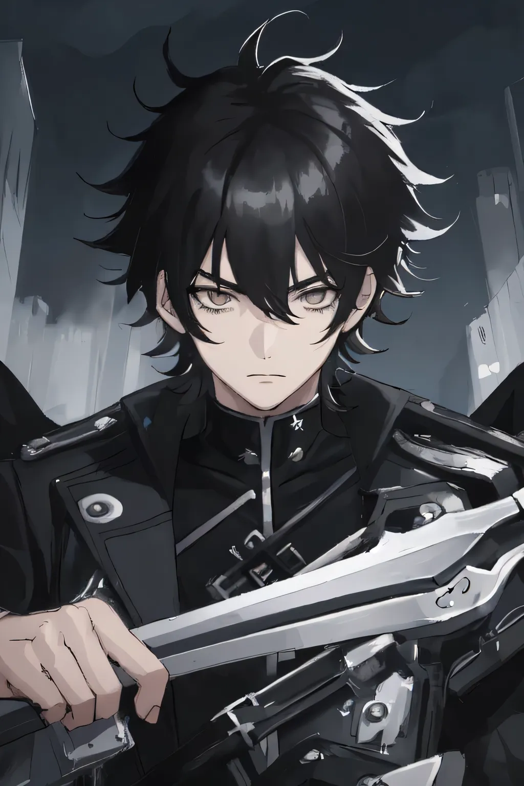 masterpiece, anime style, best quality, portrait, 1boy, solo, messy hair, black hair, thick bangs, silver eyes, black coat on shoulders, black top, gunblade on back